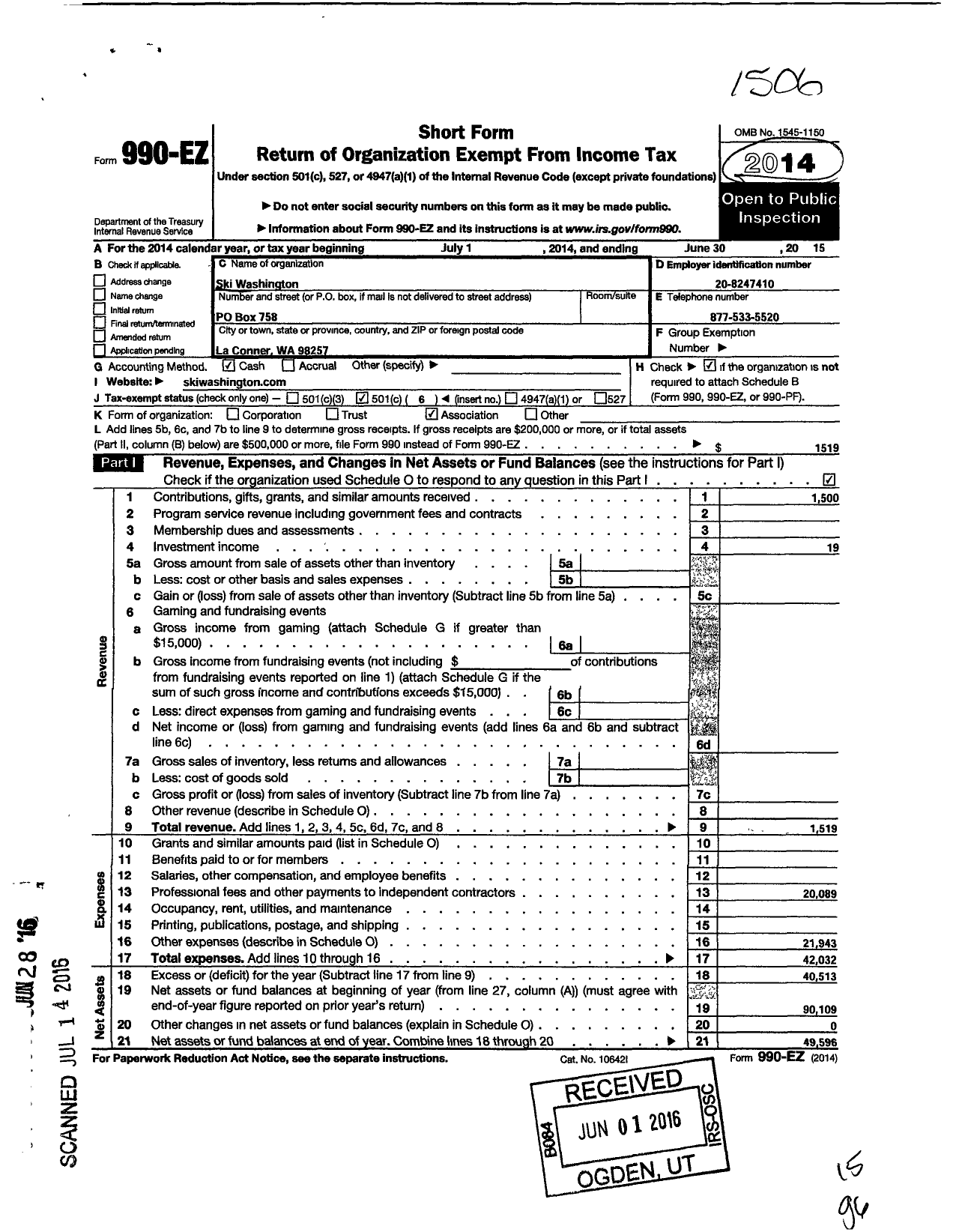 Image of first page of 2014 Form 990EO for Ski Washington