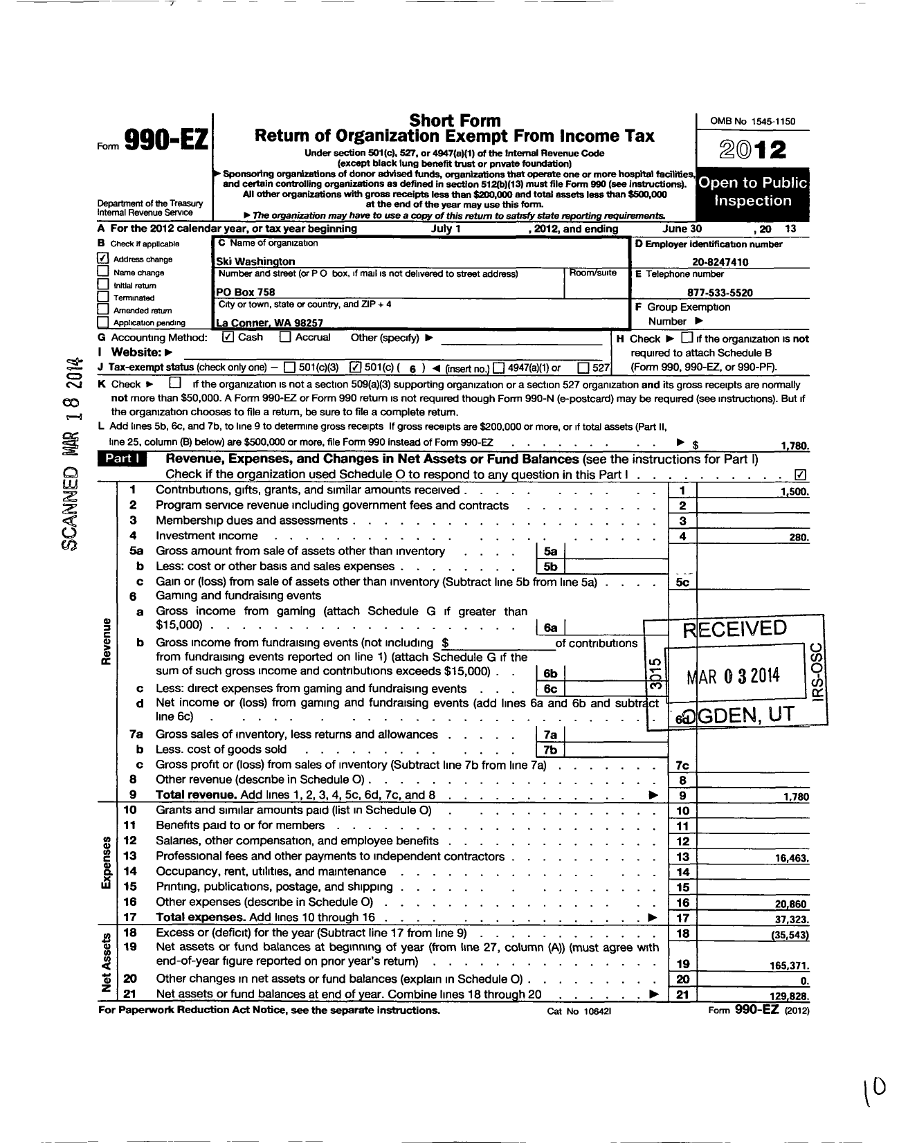 Image of first page of 2012 Form 990EO for Ski Washington