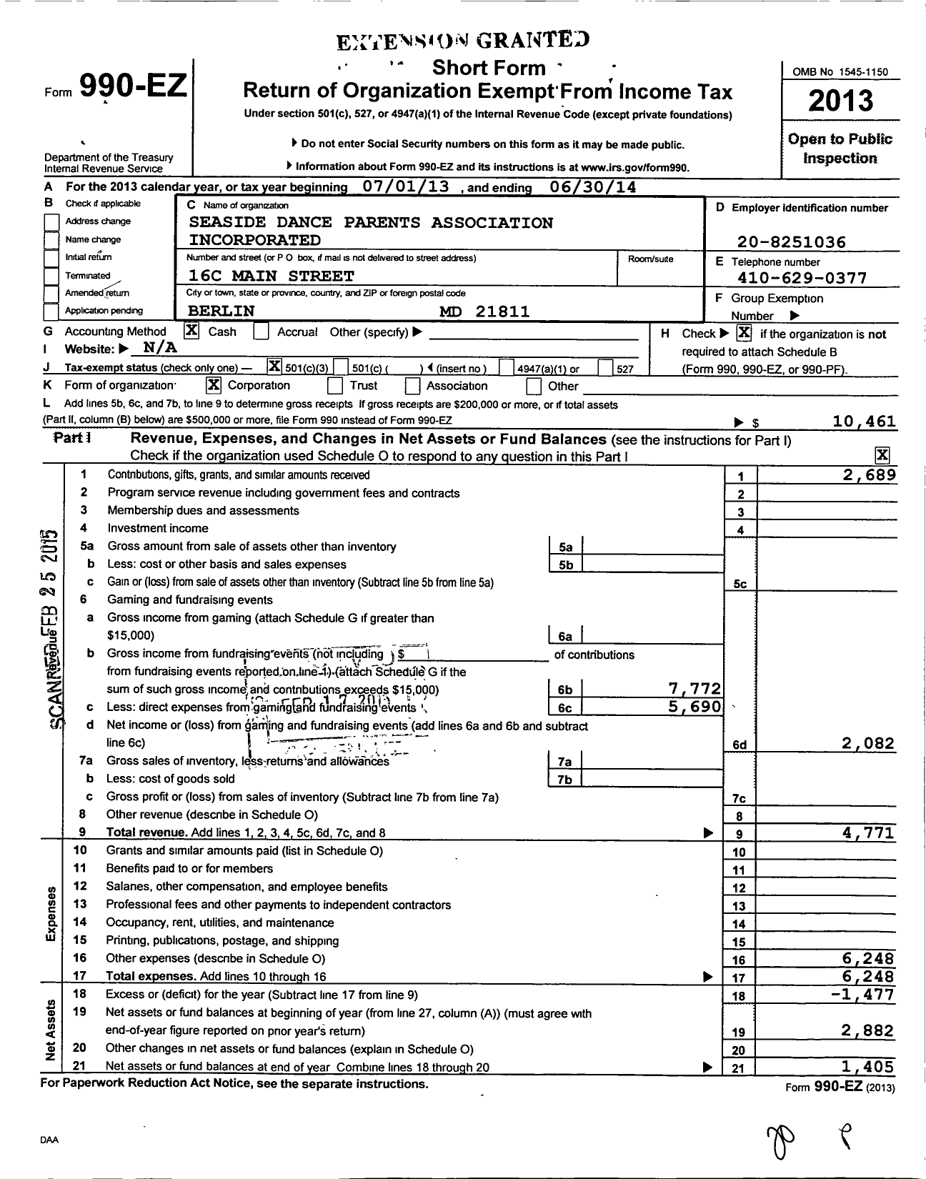 Image of first page of 2013 Form 990EZ for Seaside Dance Parents Association