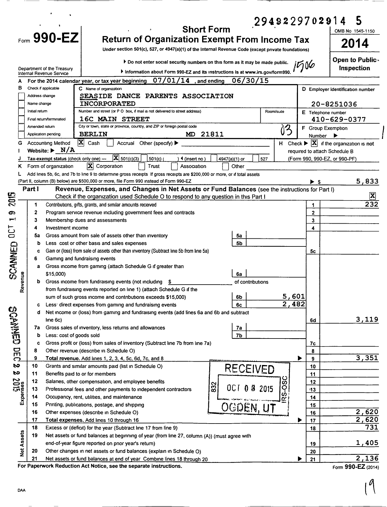 Image of first page of 2014 Form 990EZ for Seaside Dance Parents Association