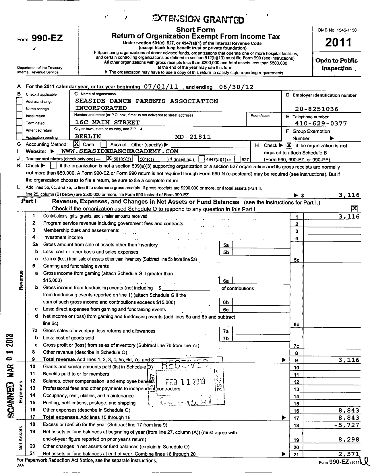 Image of first page of 2011 Form 990EZ for Seaside Dance Parents Association