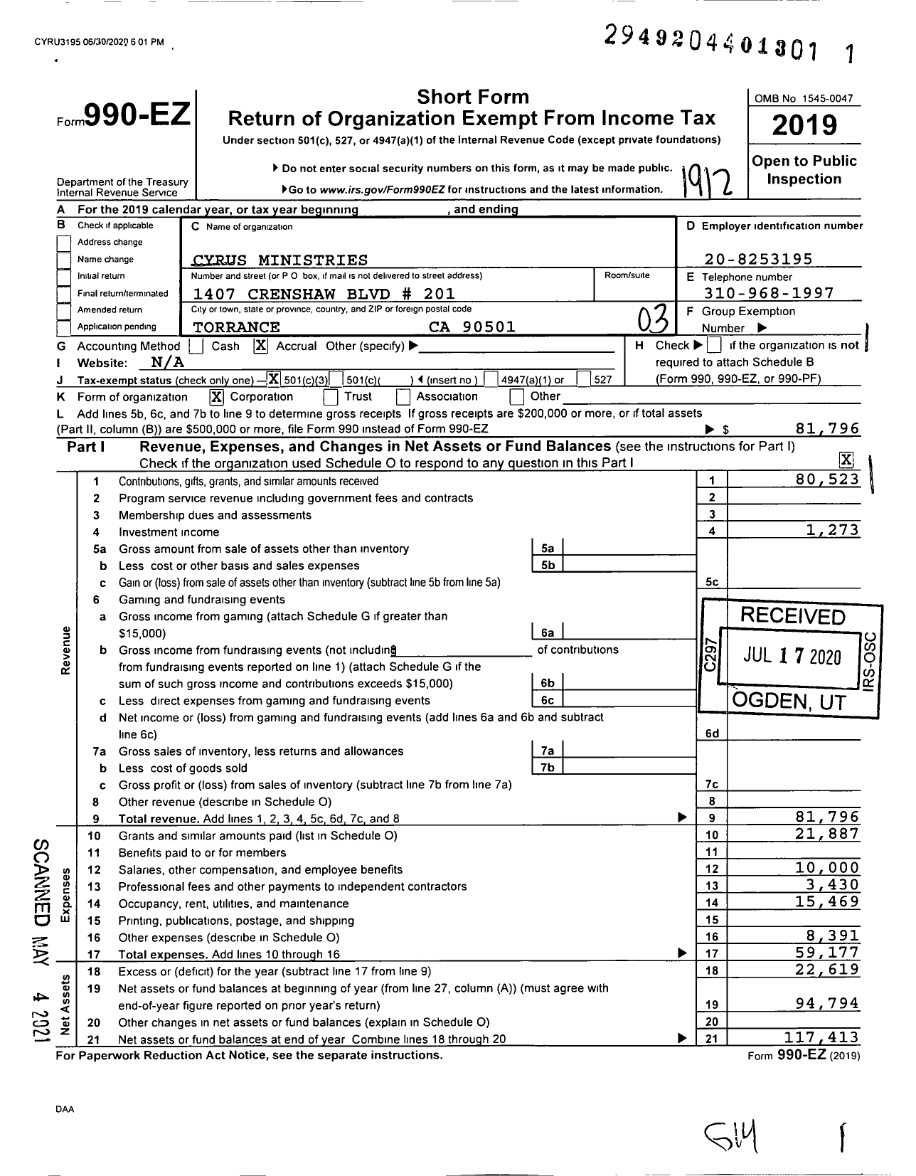 Image of first page of 2019 Form 990EZ for Cyrus Ministries