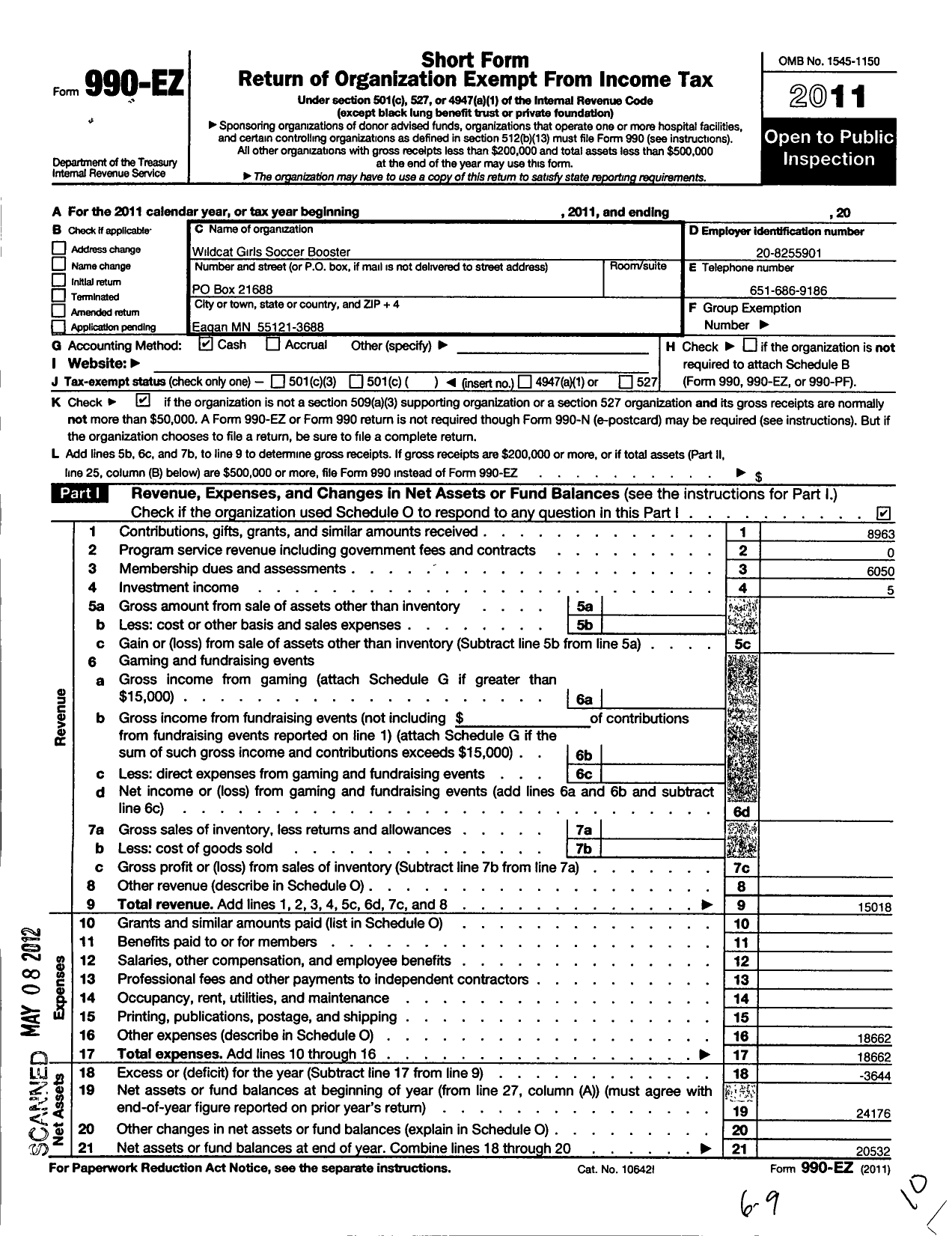 Image of first page of 2011 Form 990EO for Wildcat Girls Soccer Boosters