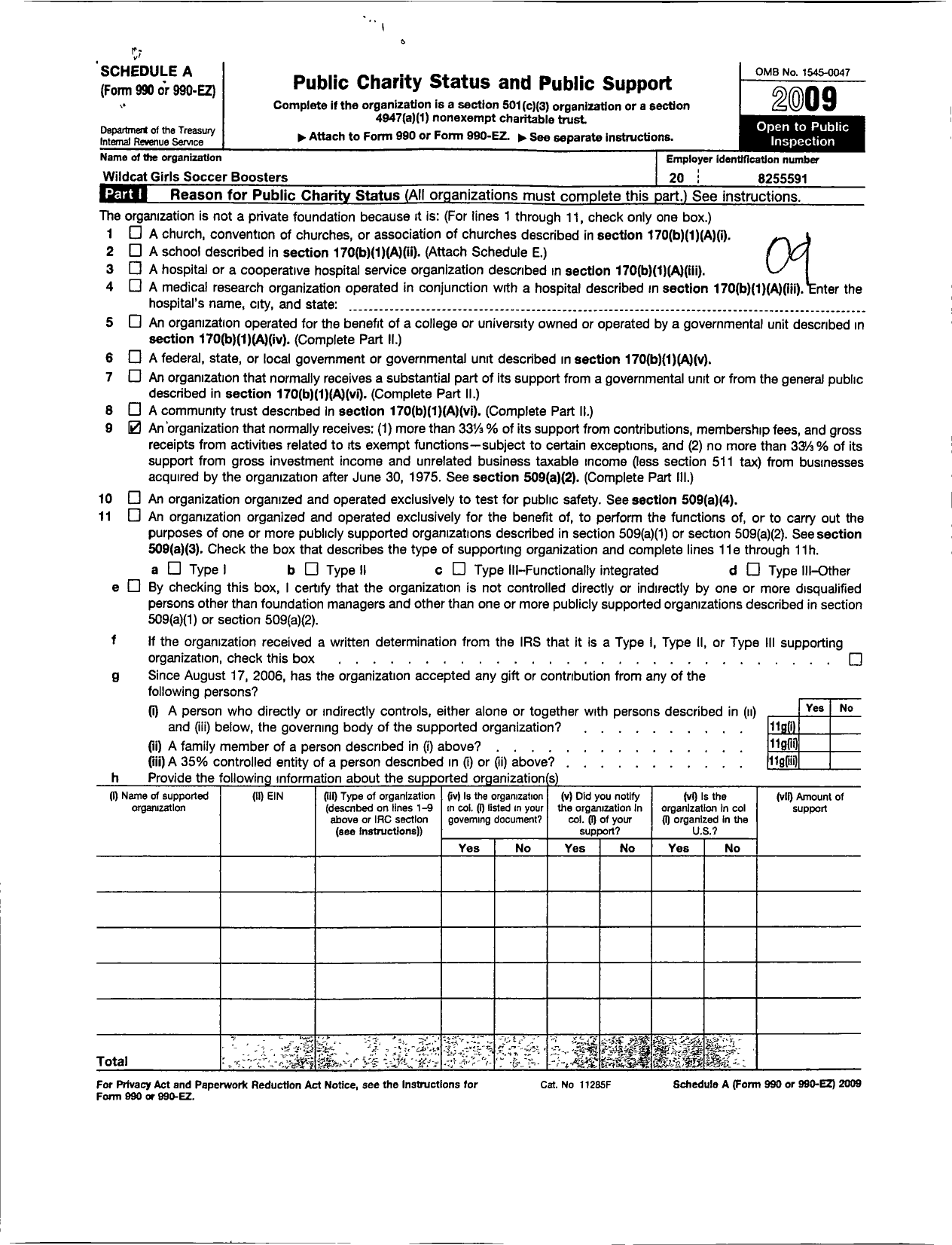 Image of first page of 2009 Form 990ER for Wildcat Girls Soccer Boosters