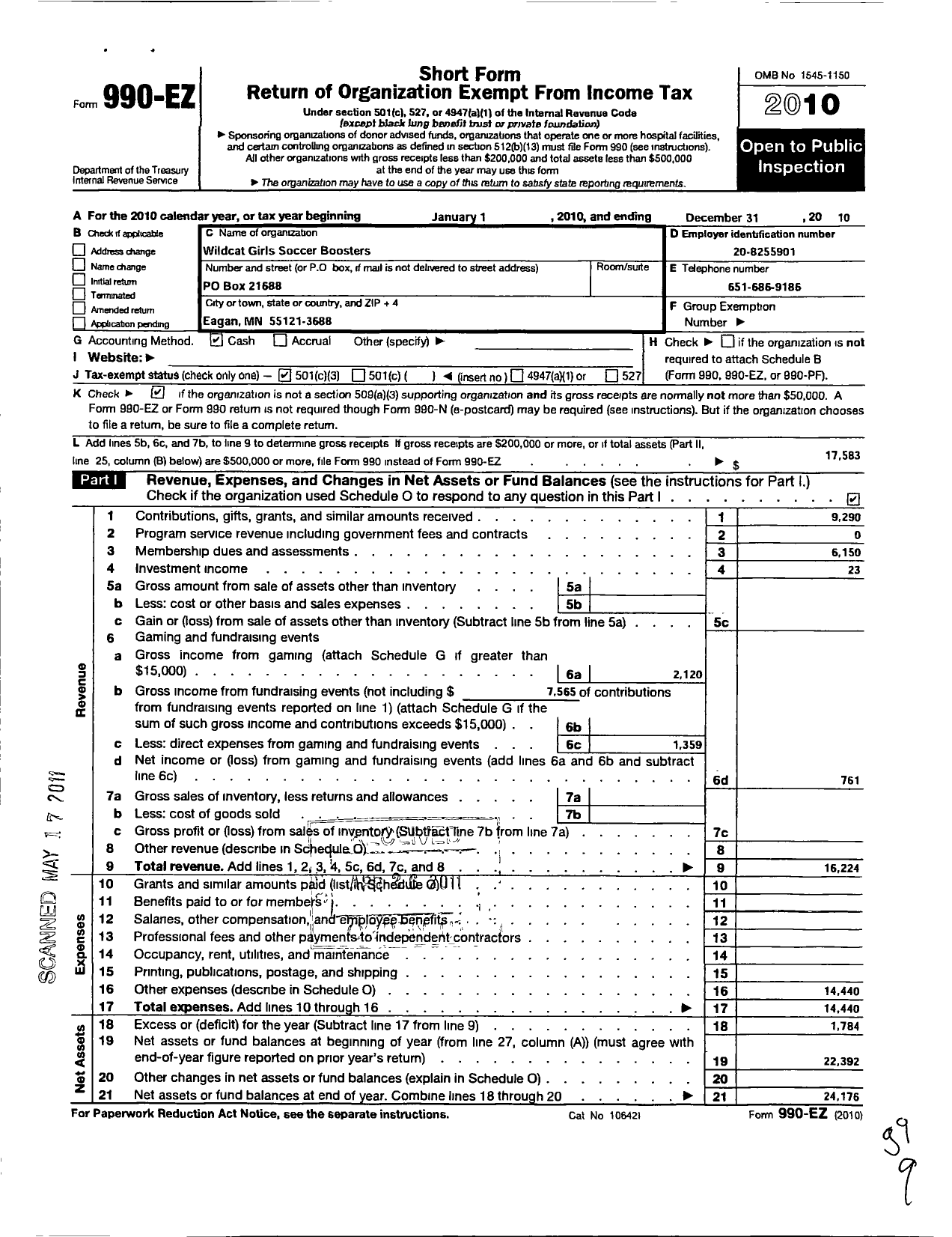 Image of first page of 2010 Form 990EZ for Wildcat Girls Soccer Boosters