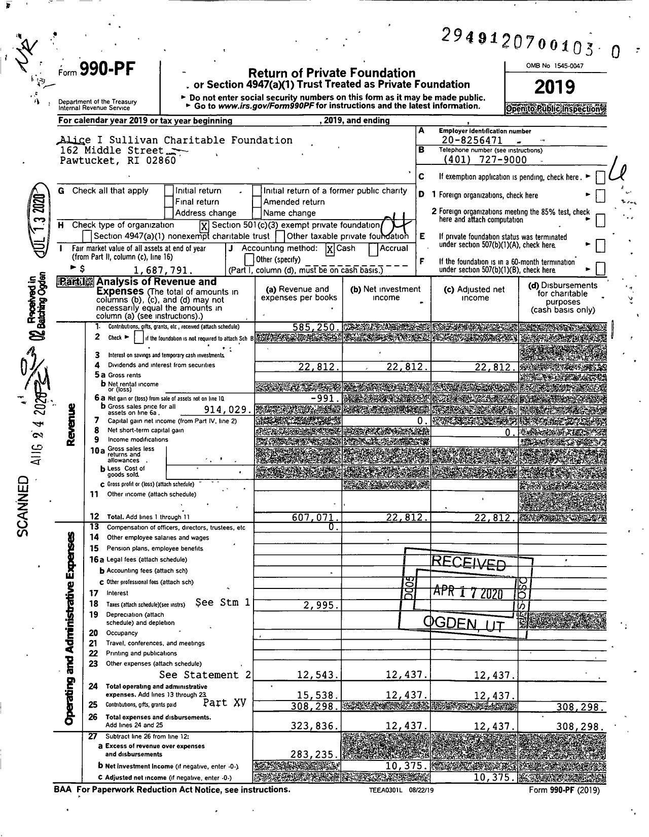 Image of first page of 2019 Form 990PR for Alice I Sullivan Charitablefoundation