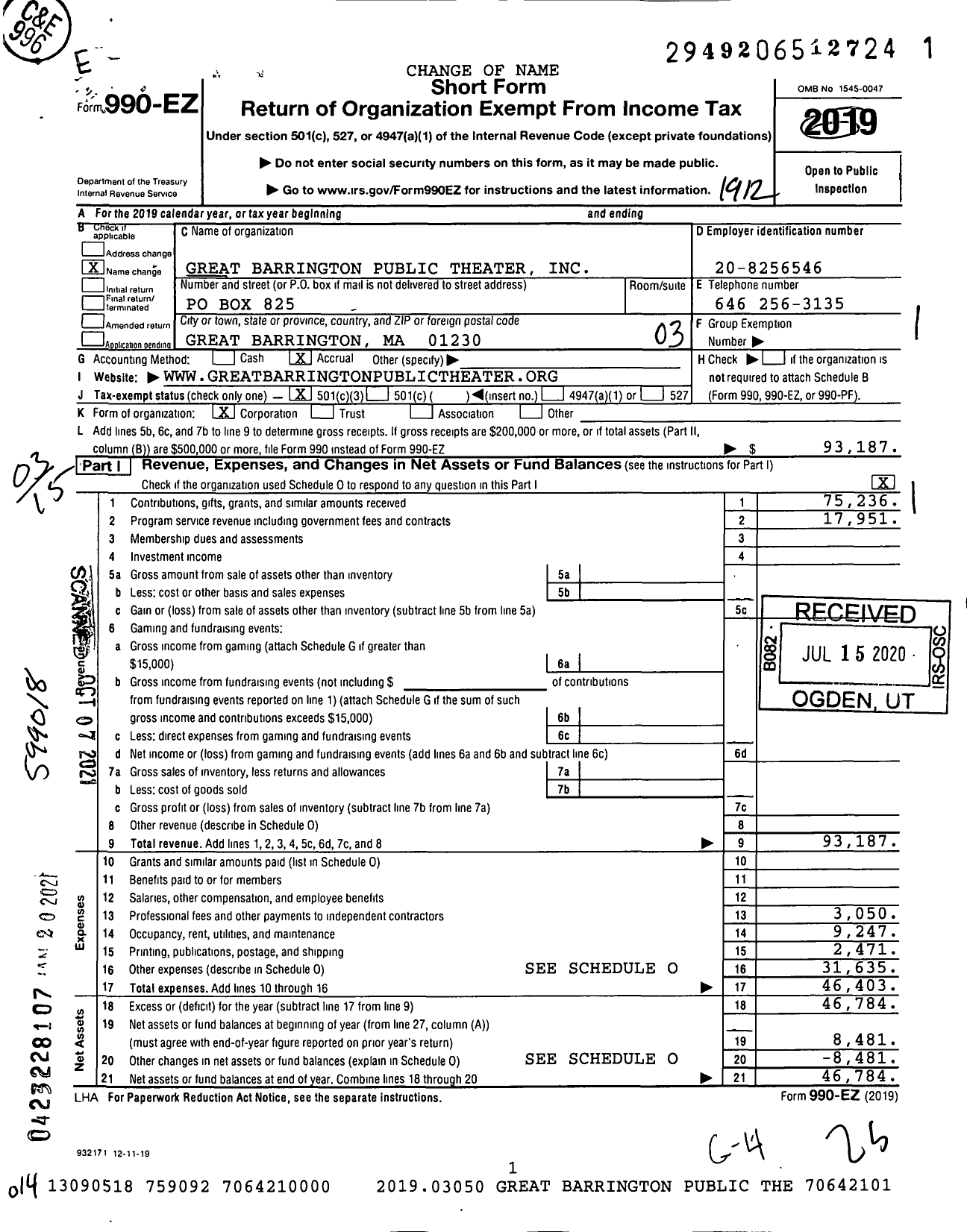 Image of first page of 2019 Form 990EZ for Great Barrington Public Theater