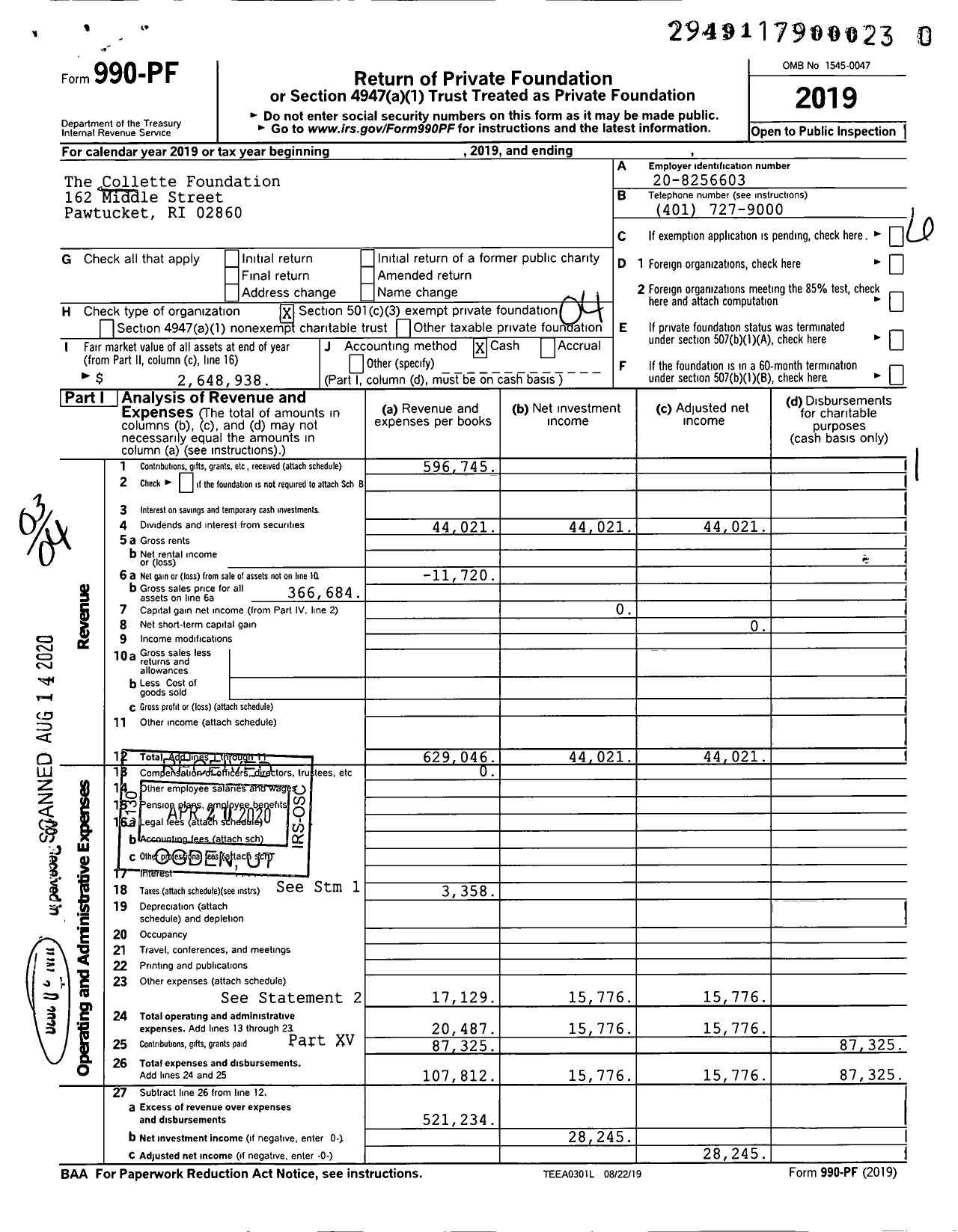 Image of first page of 2019 Form 990PR for Collette Foundation