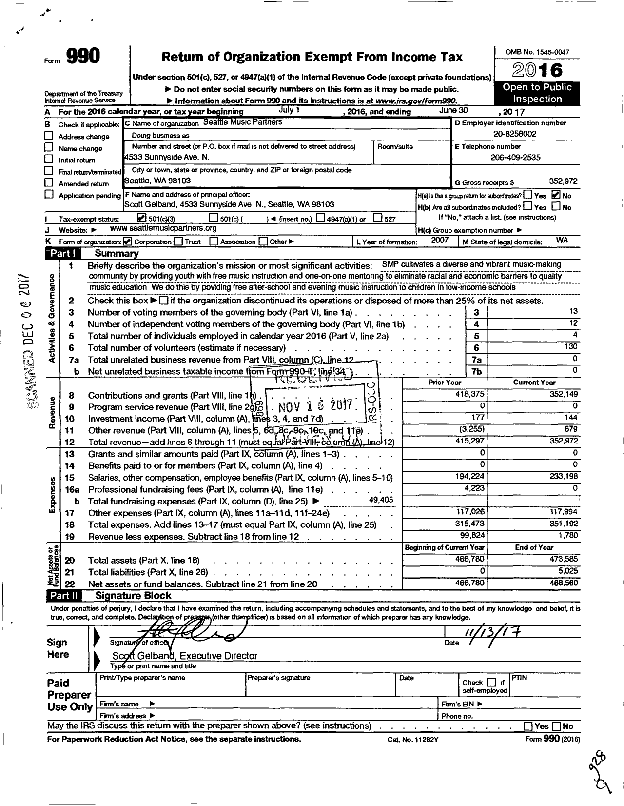 Image of first page of 2016 Form 990 for Seattle Music Partners
