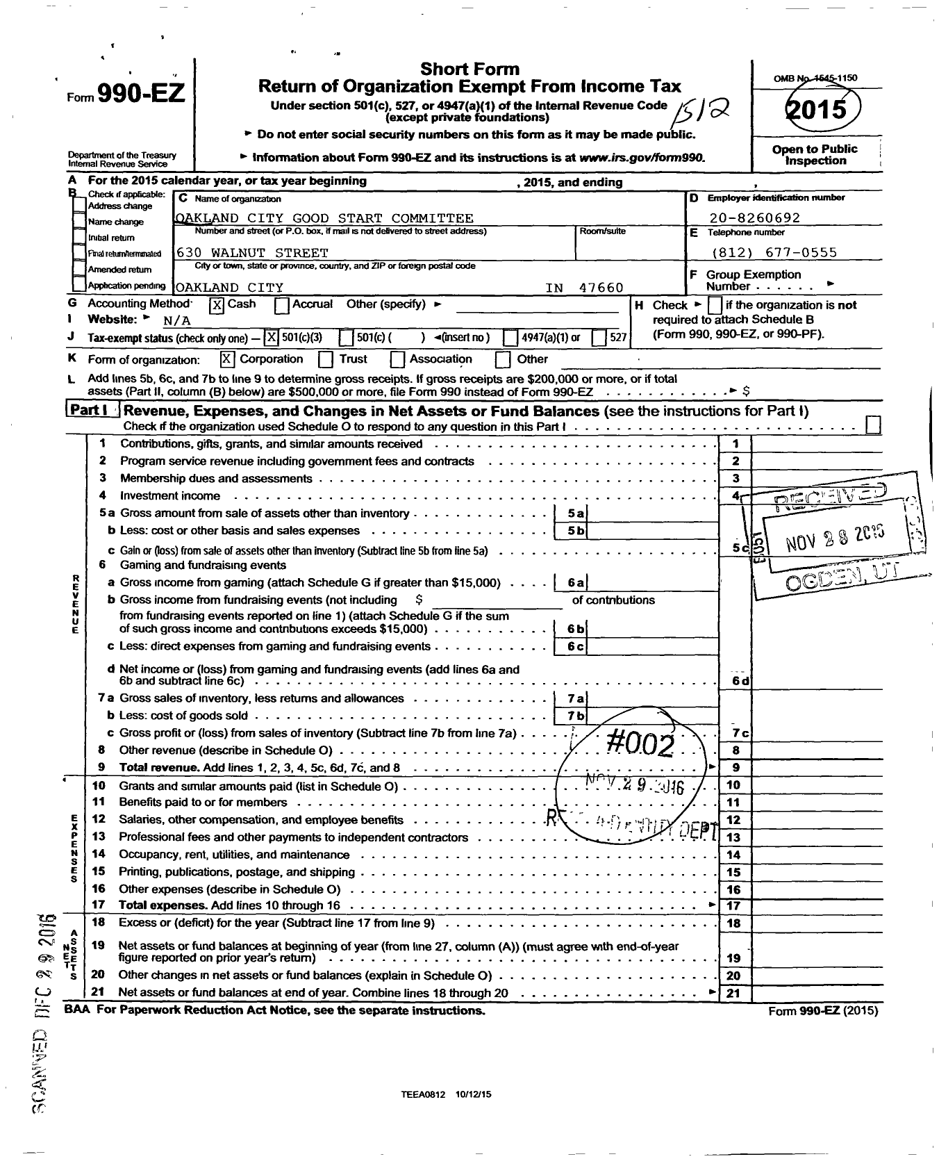 Image of first page of 2015 Form 990EZ for Oakland City Good Start Committee