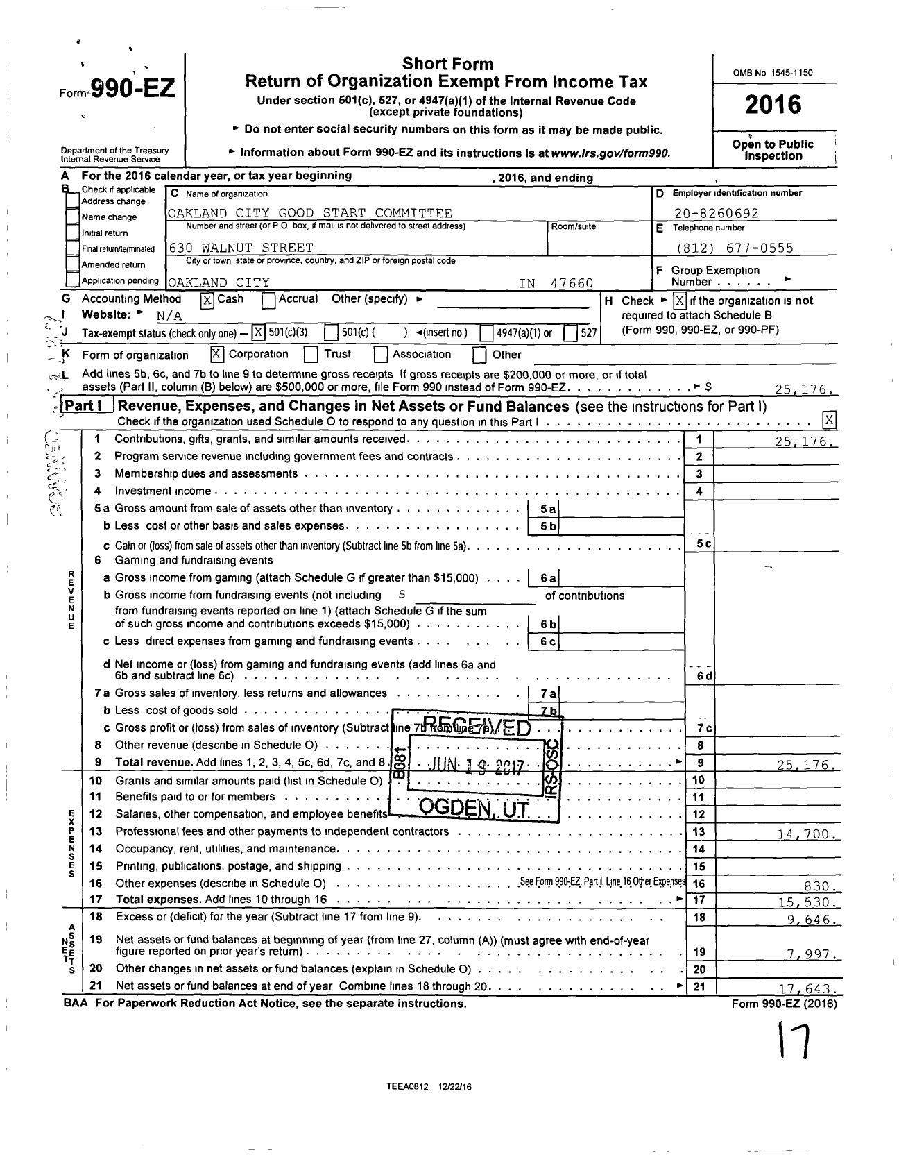 Image of first page of 2016 Form 990EZ for Oakland City Good Start Committee