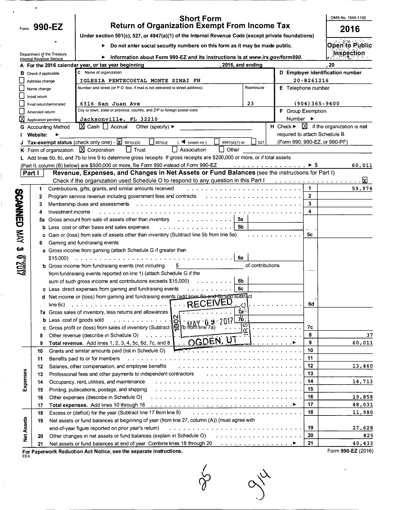 Image of first page of 2016 Form 990EZ for Iglesia Pentecostal Monte Sinai FN