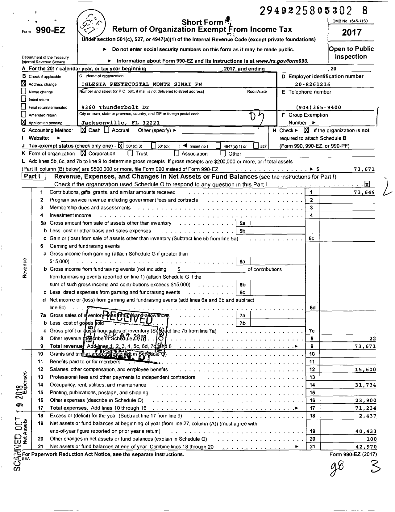 Image of first page of 2017 Form 990EZ for Iglesia Pentecostal Monte Sinai FN