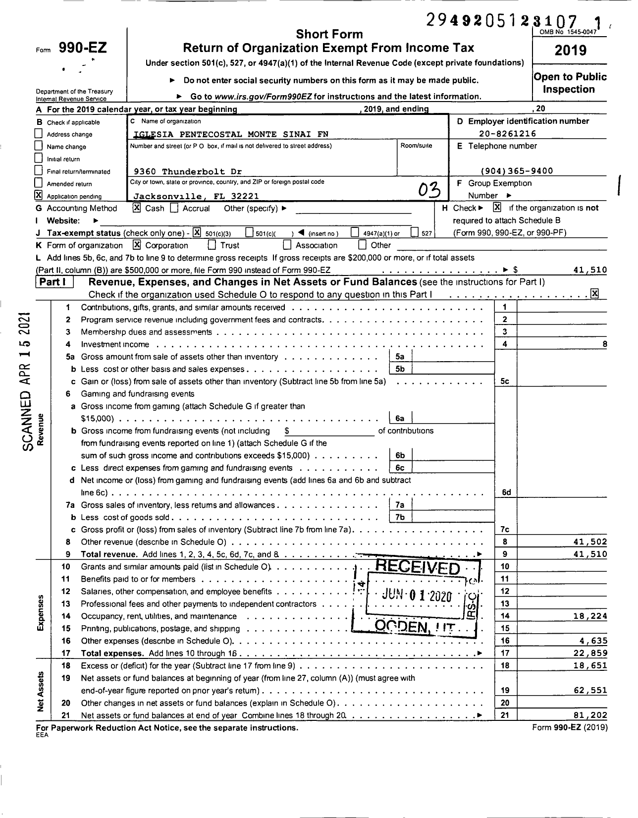 Image of first page of 2019 Form 990EZ for Iglesia Pentecostal Monte Sinai FN