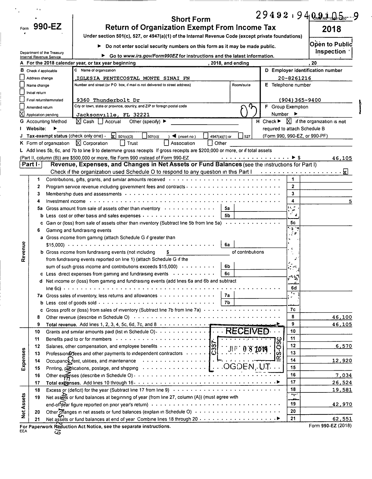 Image of first page of 2018 Form 990EZ for Iglesia Pentecostal Monte Sinai FN