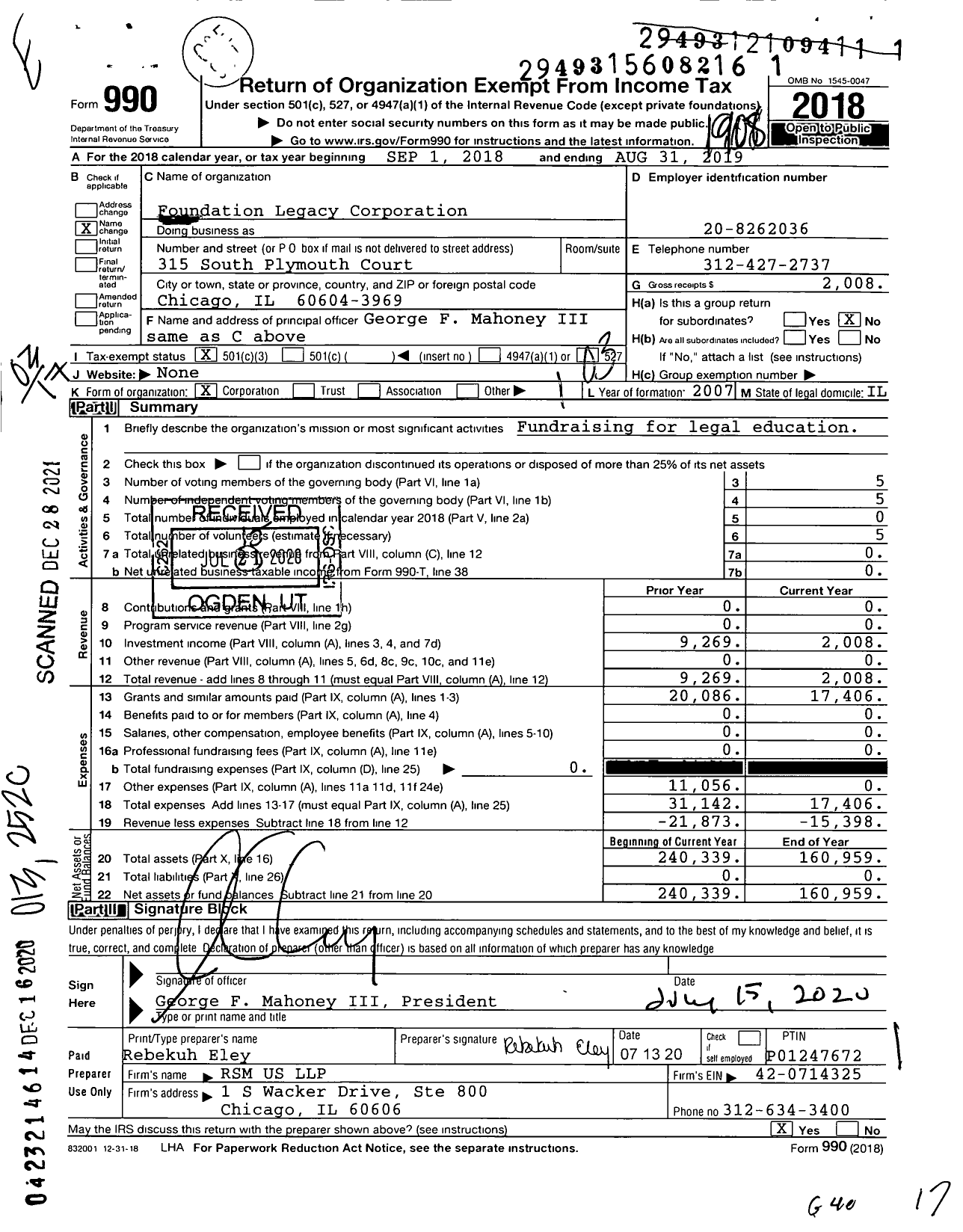 Image of first page of 2018 Form 990 for Foundation Legacy Corporation