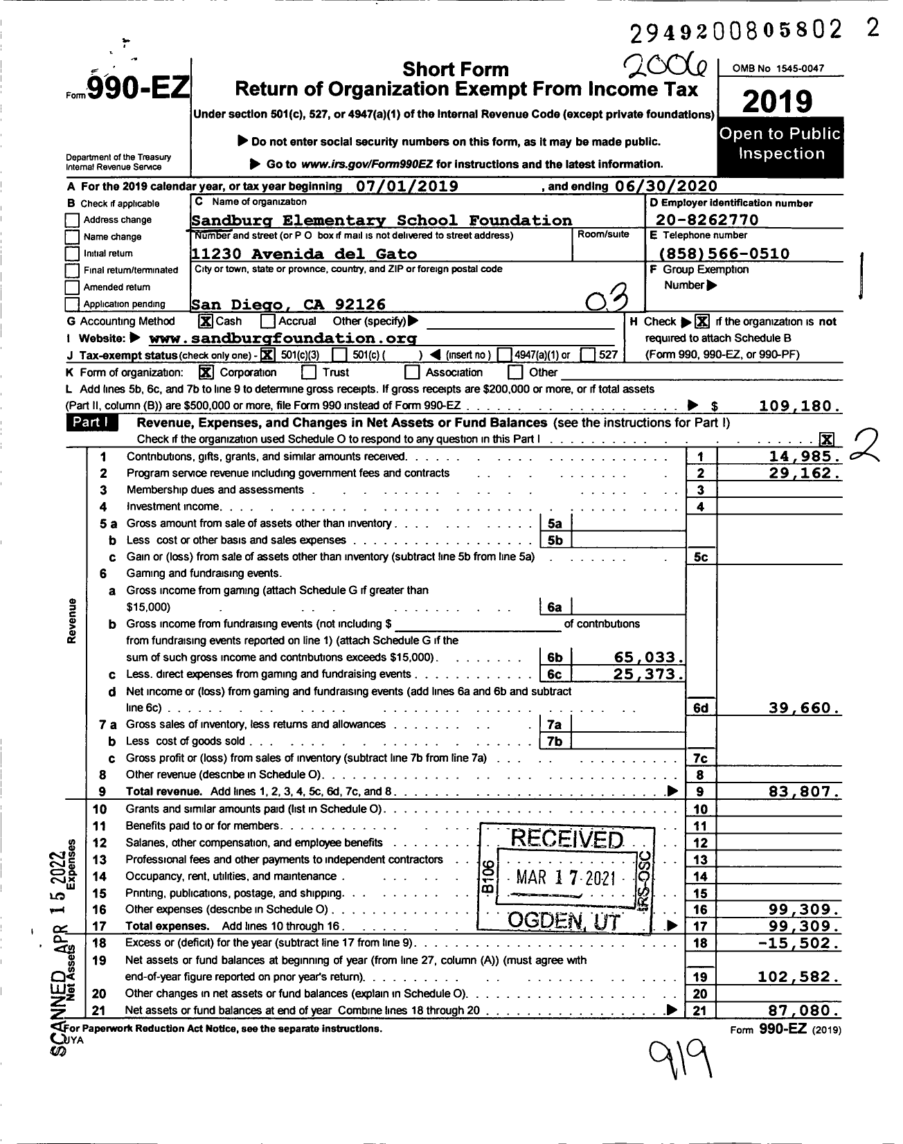 Image of first page of 2019 Form 990EZ for Sandburg Elementary School Foundation