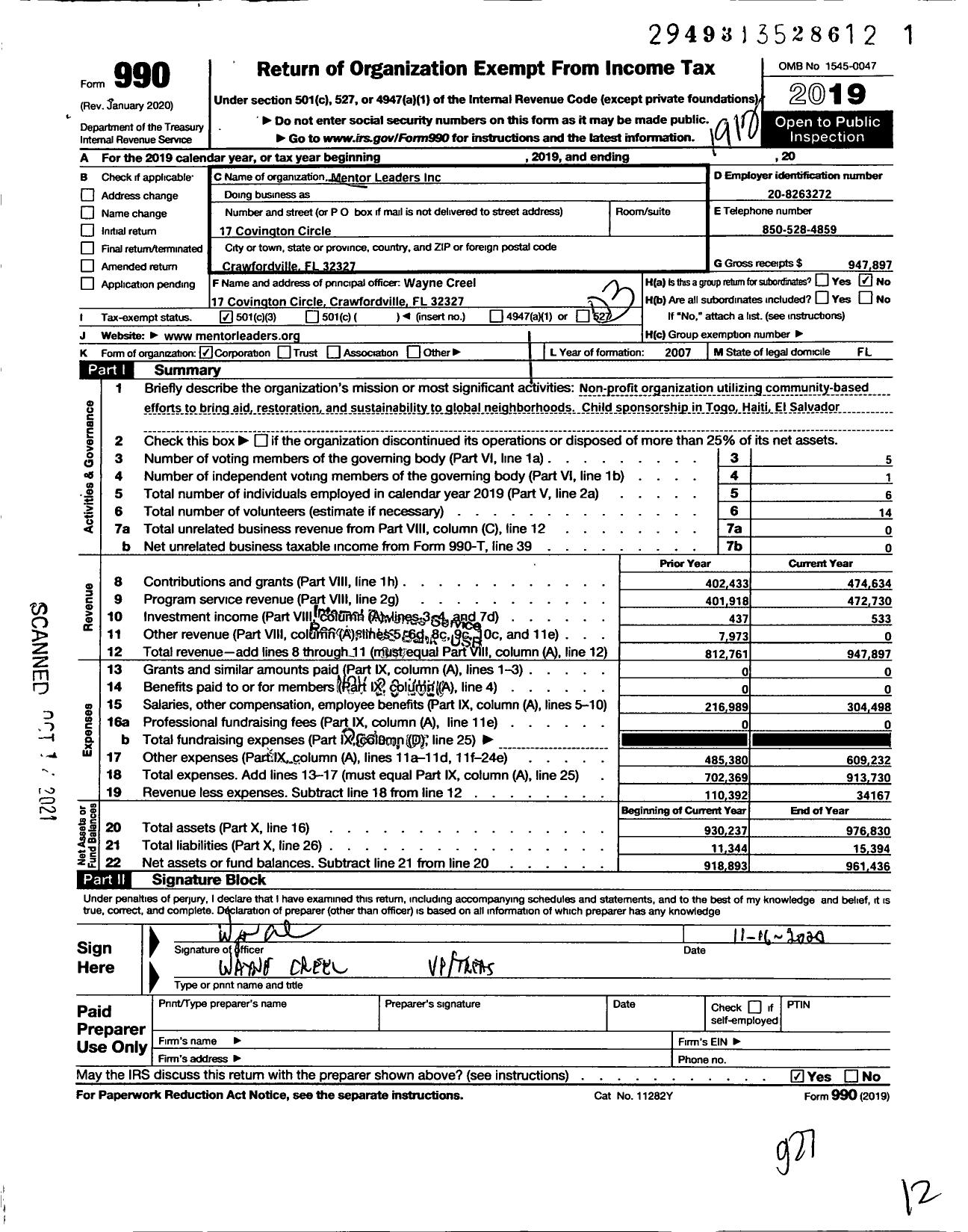 Image of first page of 2019 Form 990 for Mentor Leaders