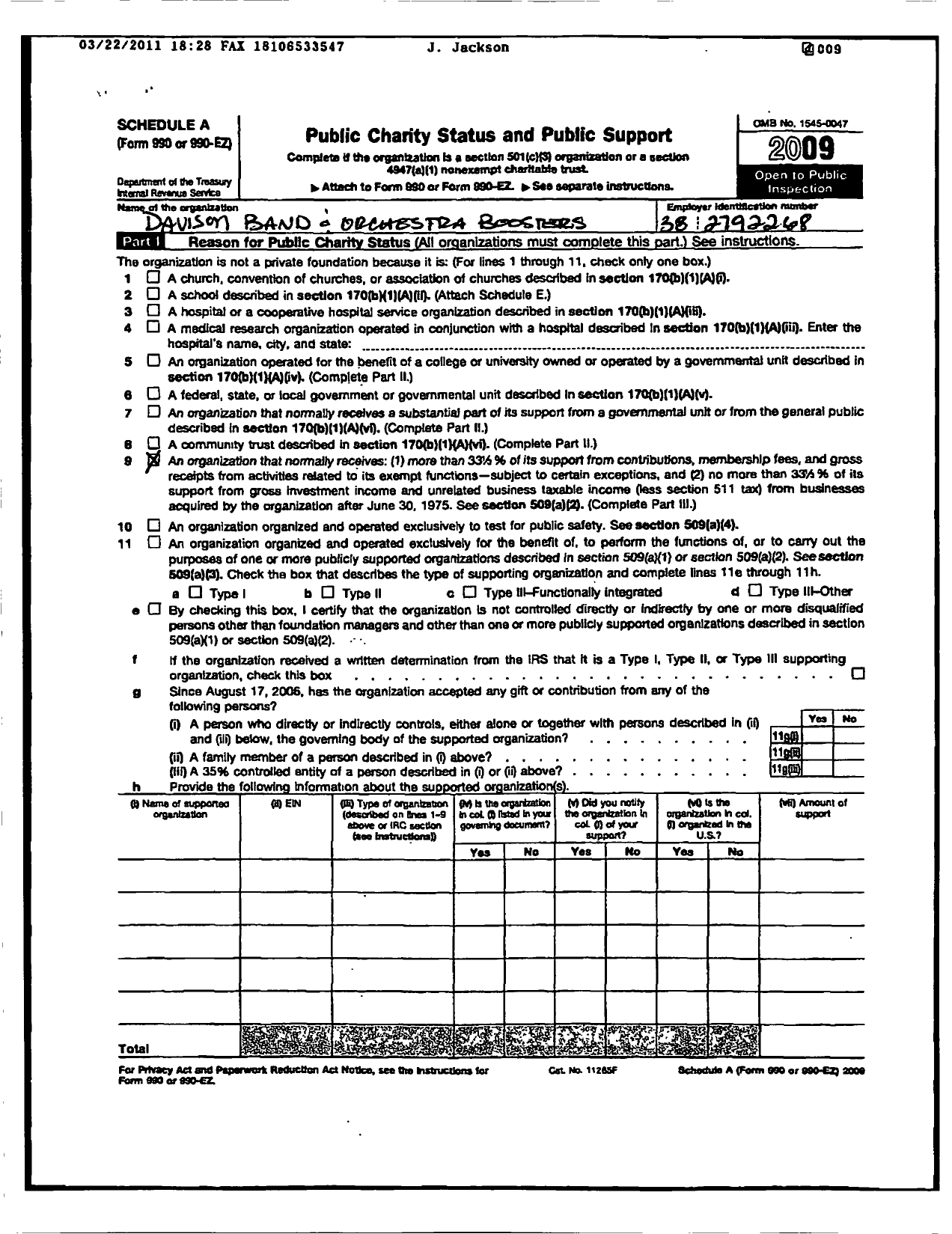 Image of first page of 2009 Form 990EOR for Davison Band and Orchestra Boosters