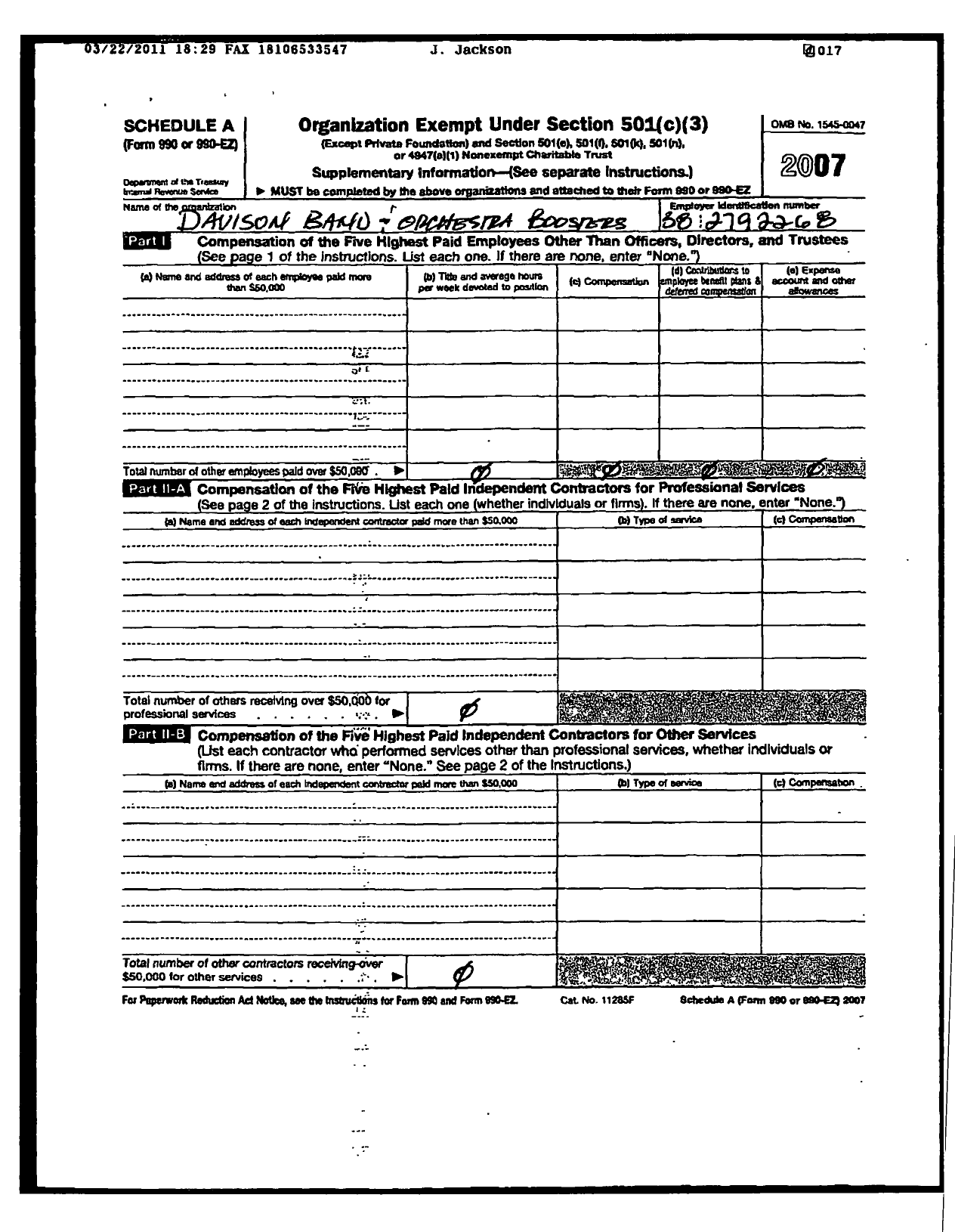 Image of first page of 2007 Form 990EOR for Davison Band and Orchestra Boosters