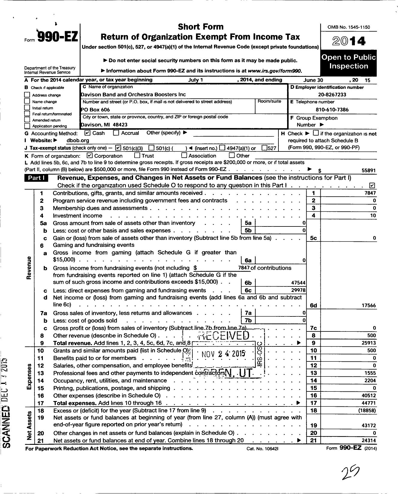 Image of first page of 2014 Form 990EZ for Davison Band and Orchestra Boosters