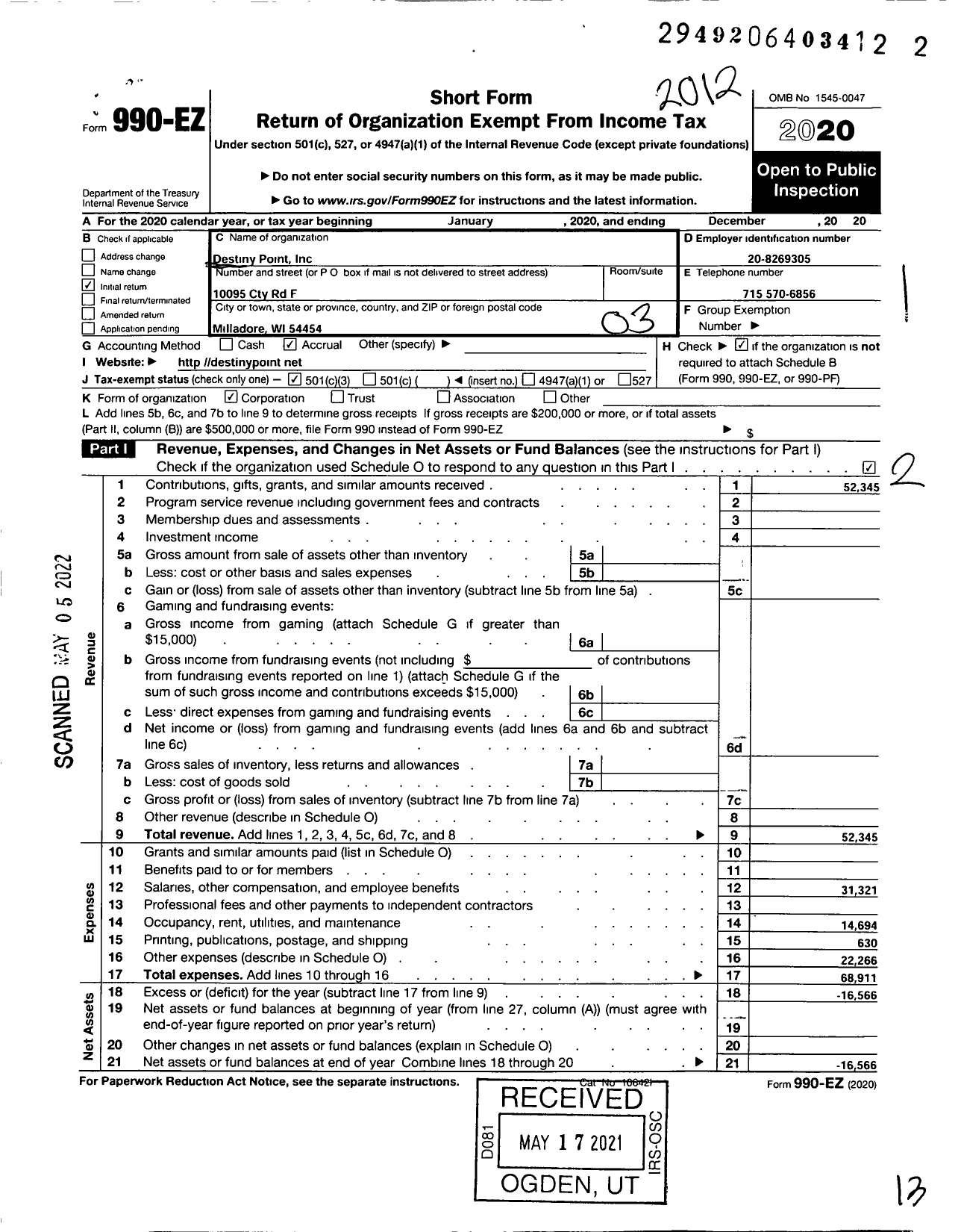 Image of first page of 2020 Form 990EZ for Destiny Point