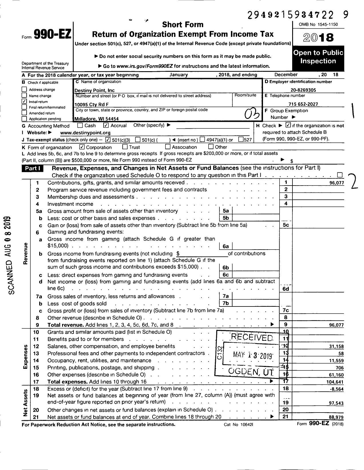 Image of first page of 2018 Form 990EZ for Destiny Point