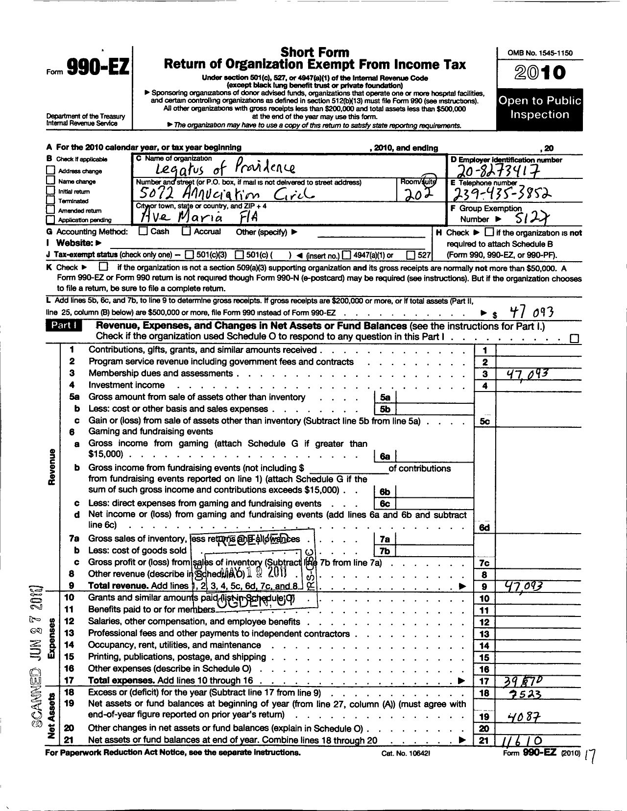 Image of first page of 2010 Form 990EO for Legatus