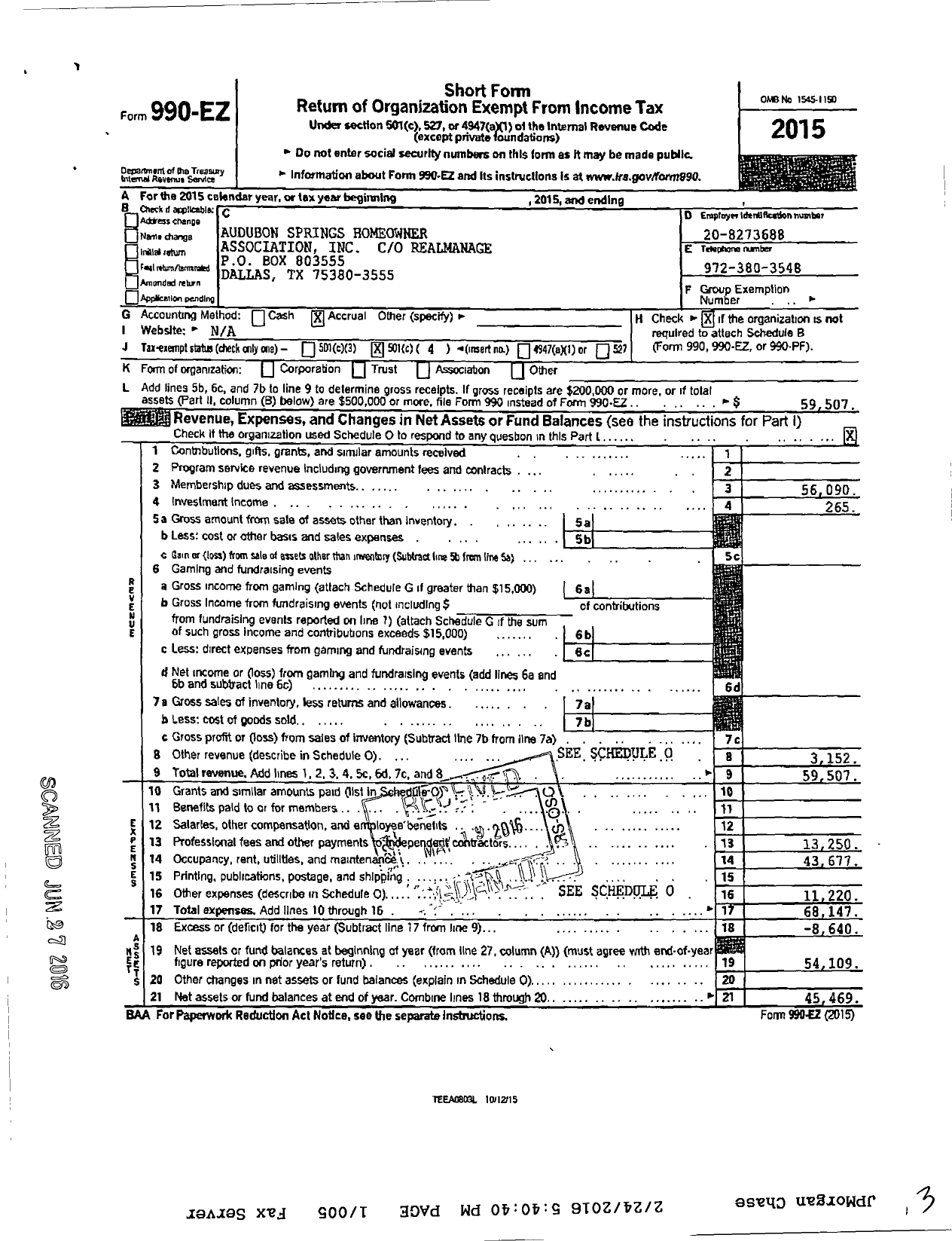 Image of first page of 2015 Form 990EO for Audubon Springs Homeowner Association