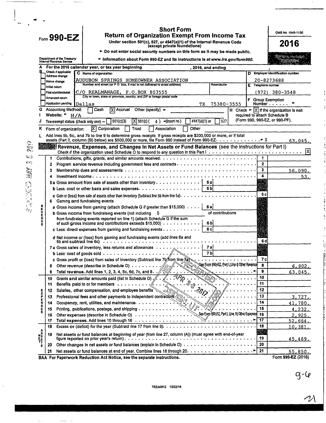 Image of first page of 2016 Form 990EO for Audubon Springs Homeowner Association