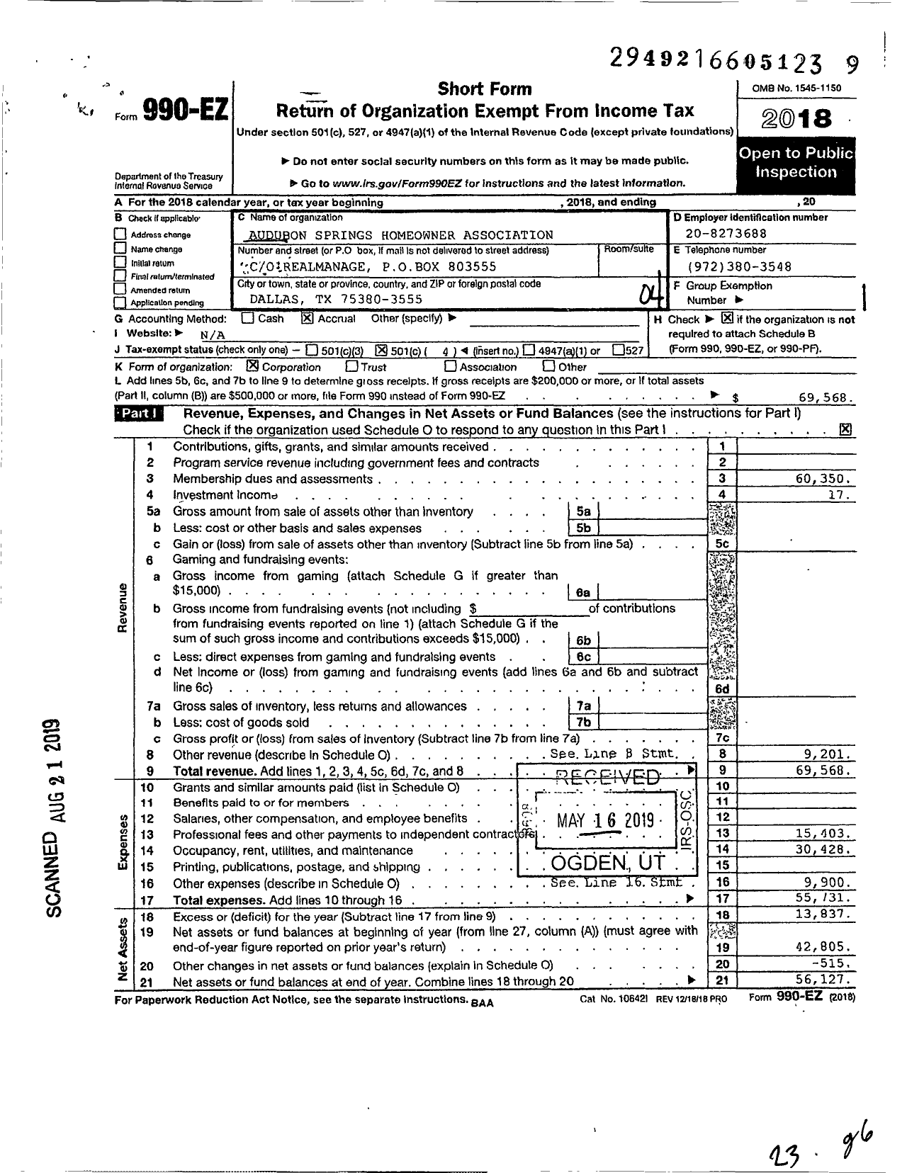 Image of first page of 2018 Form 990EO for Audubon Springs Homeowner Association