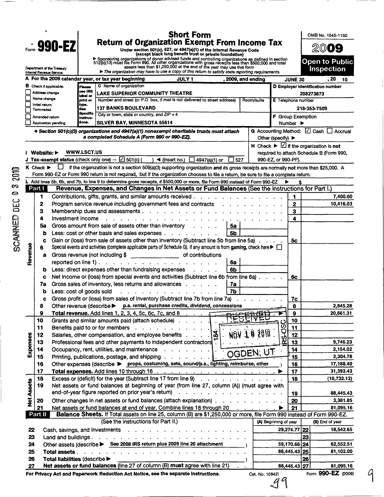 Image of first page of 2009 Form 990EO for Lake Superior Community Theatre