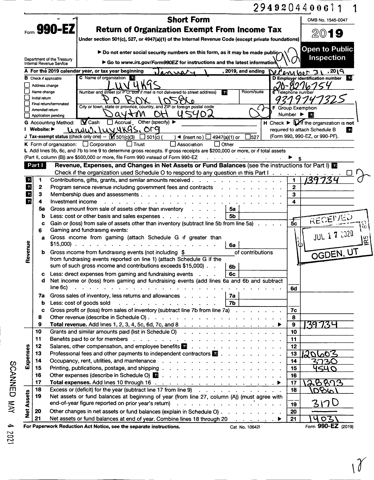 Image of first page of 2019 Form 990EZ for Luv 4 Luv4k9s