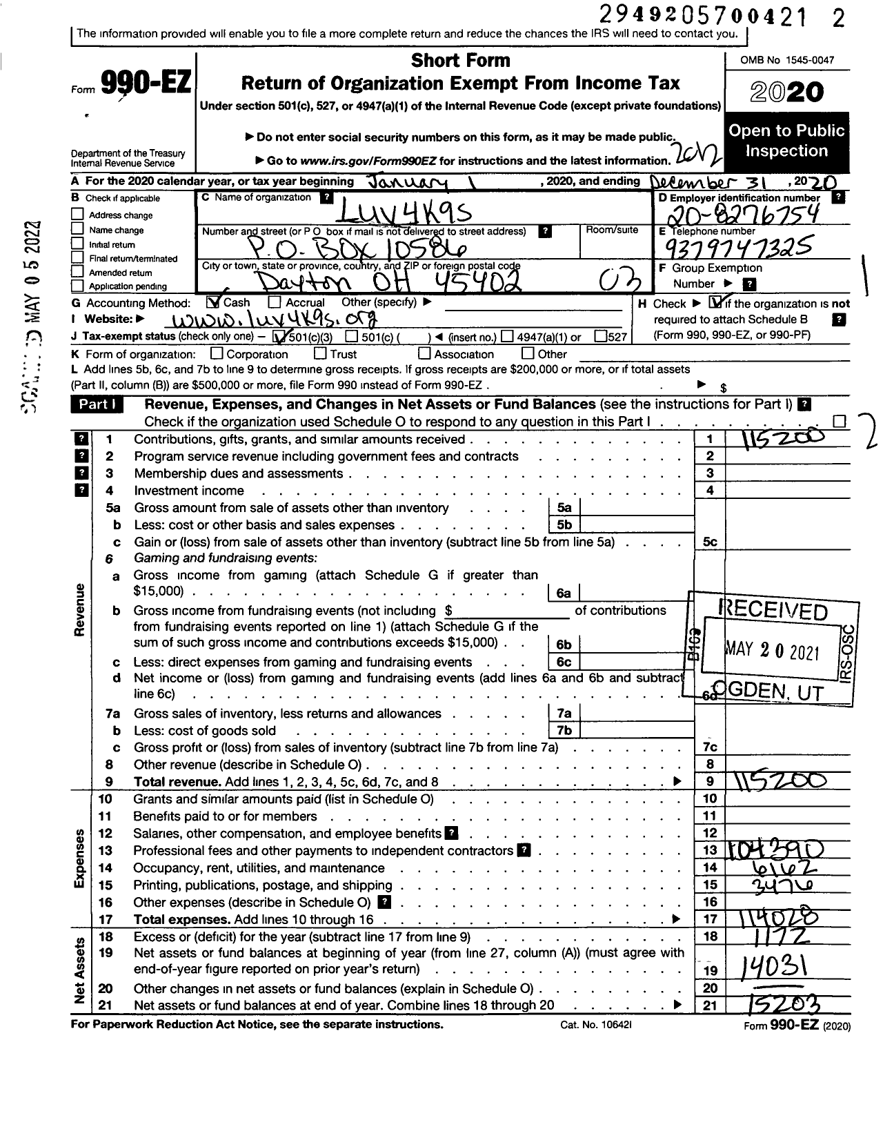 Image of first page of 2020 Form 990EZ for Luv 4 Luv4k9s