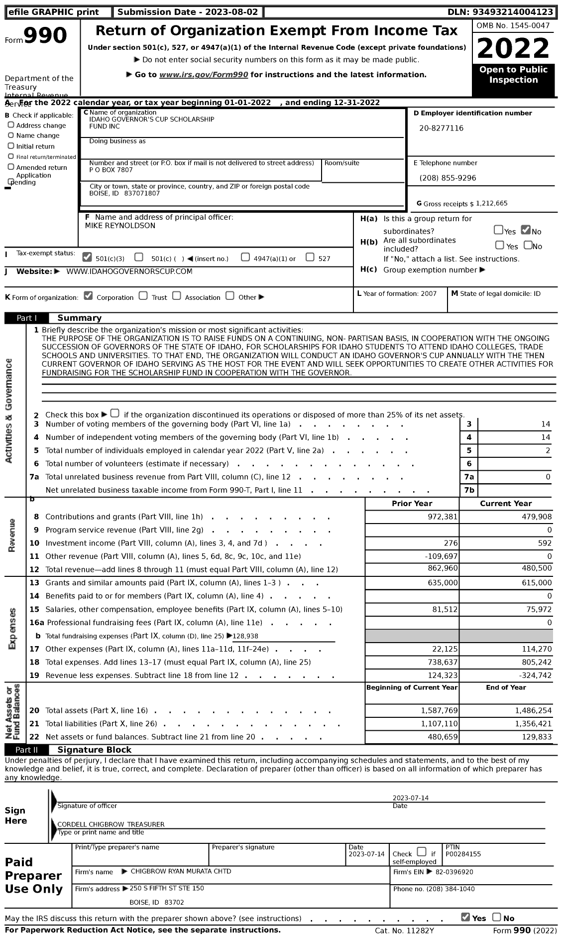 Image of first page of 2022 Form 990 for Idaho Governor's Cup Scholarship Fund