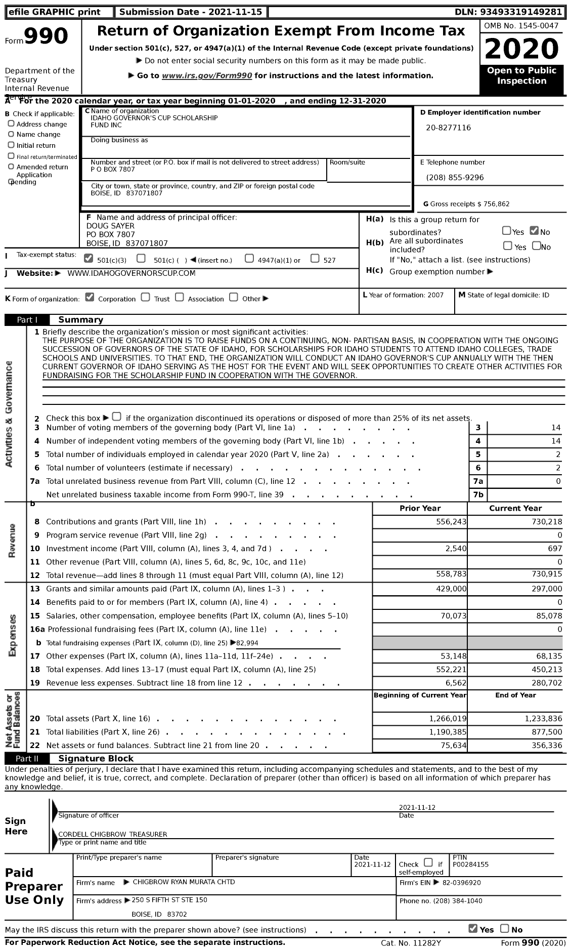 Image of first page of 2020 Form 990 for Idaho Governor's Cup Scholarship Fund