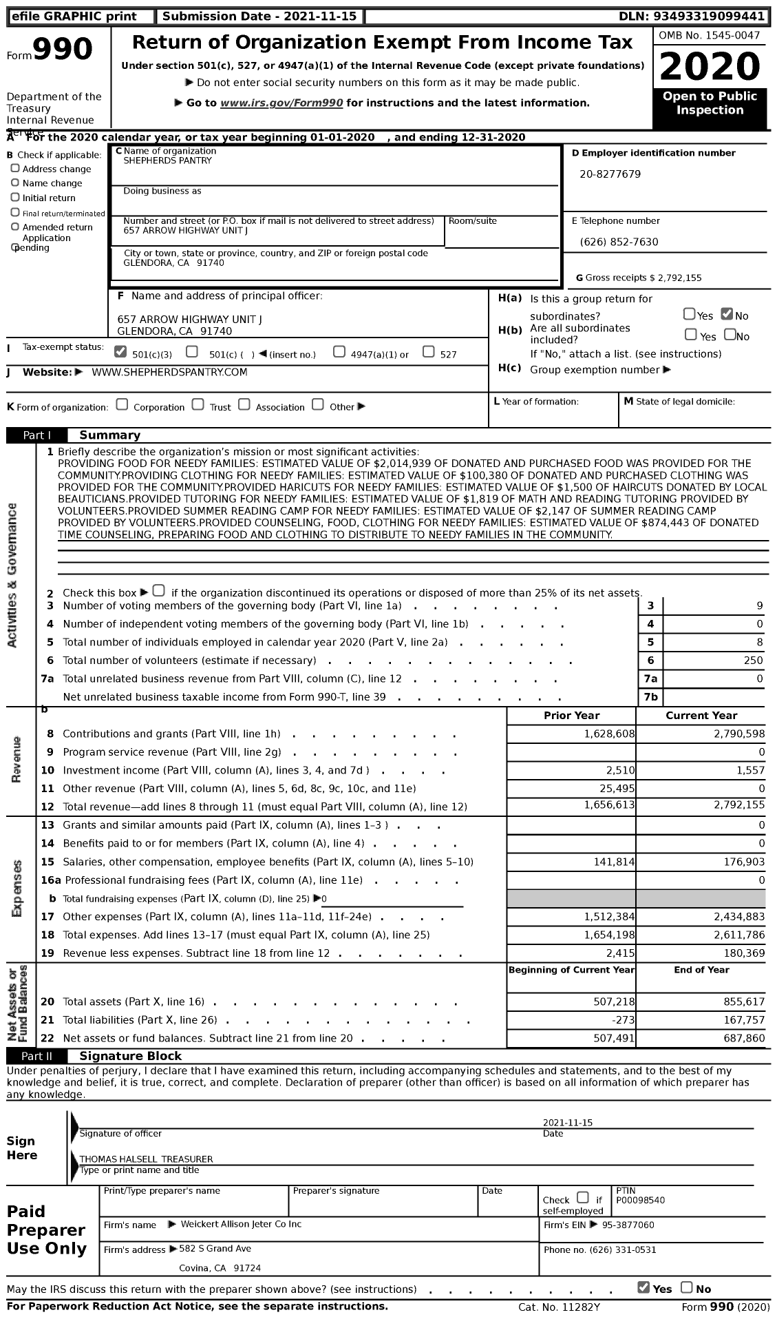 Image of first page of 2020 Form 990 for Shepherds Pantry