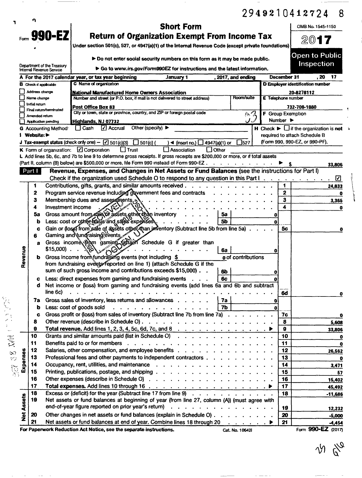 Image of first page of 2017 Form 990EZ for National Manufactured Home Owners Association