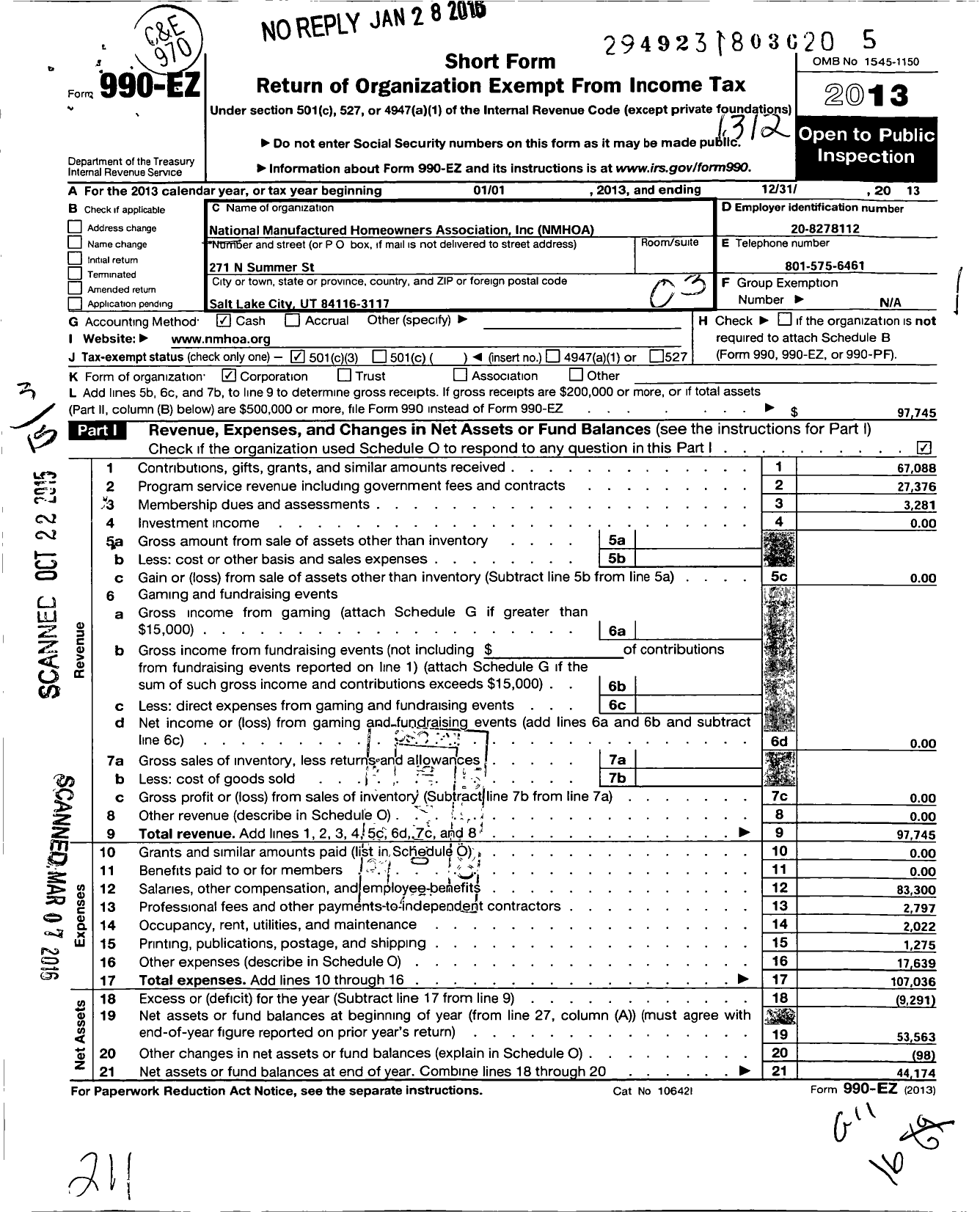 Image of first page of 2013 Form 990EZ for National Manufactured Home Owners Association