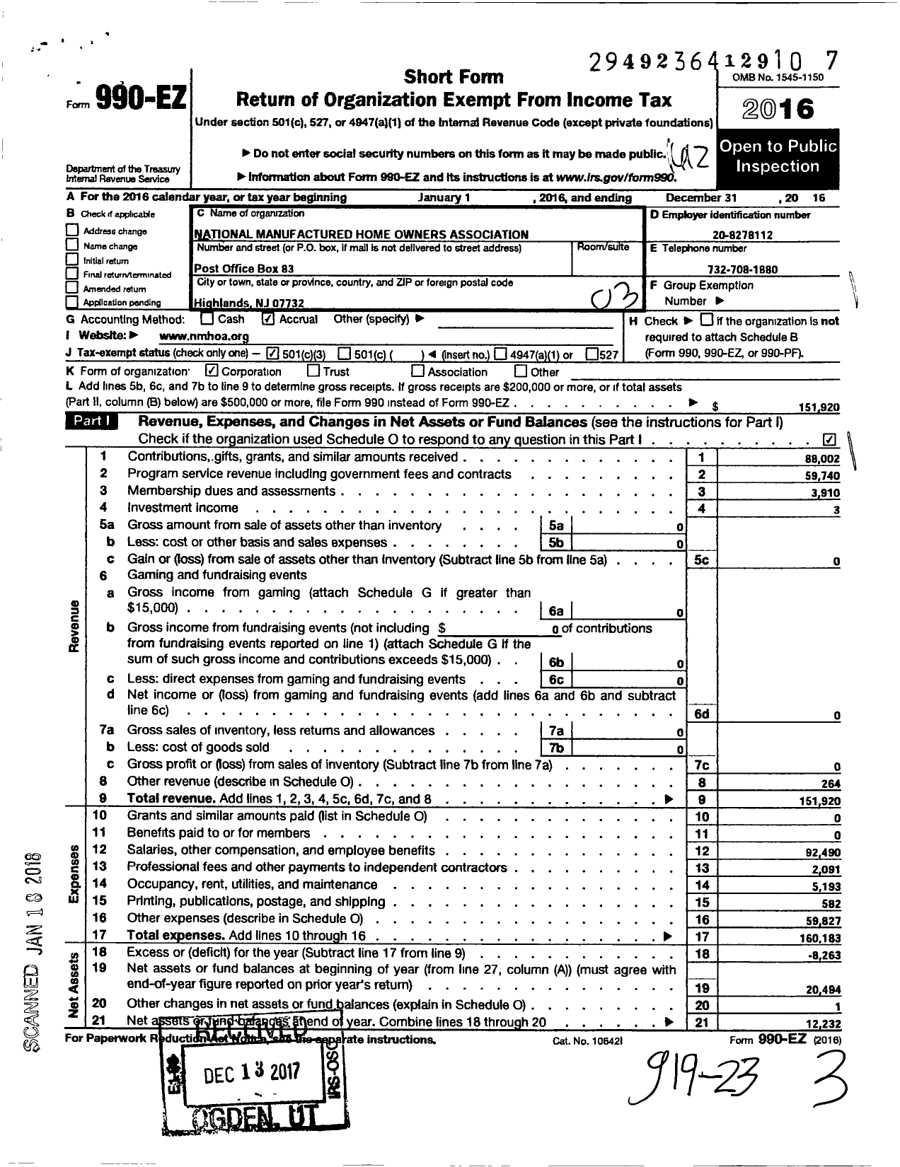 Image of first page of 2016 Form 990EZ for National Manufactured Home Owners Association