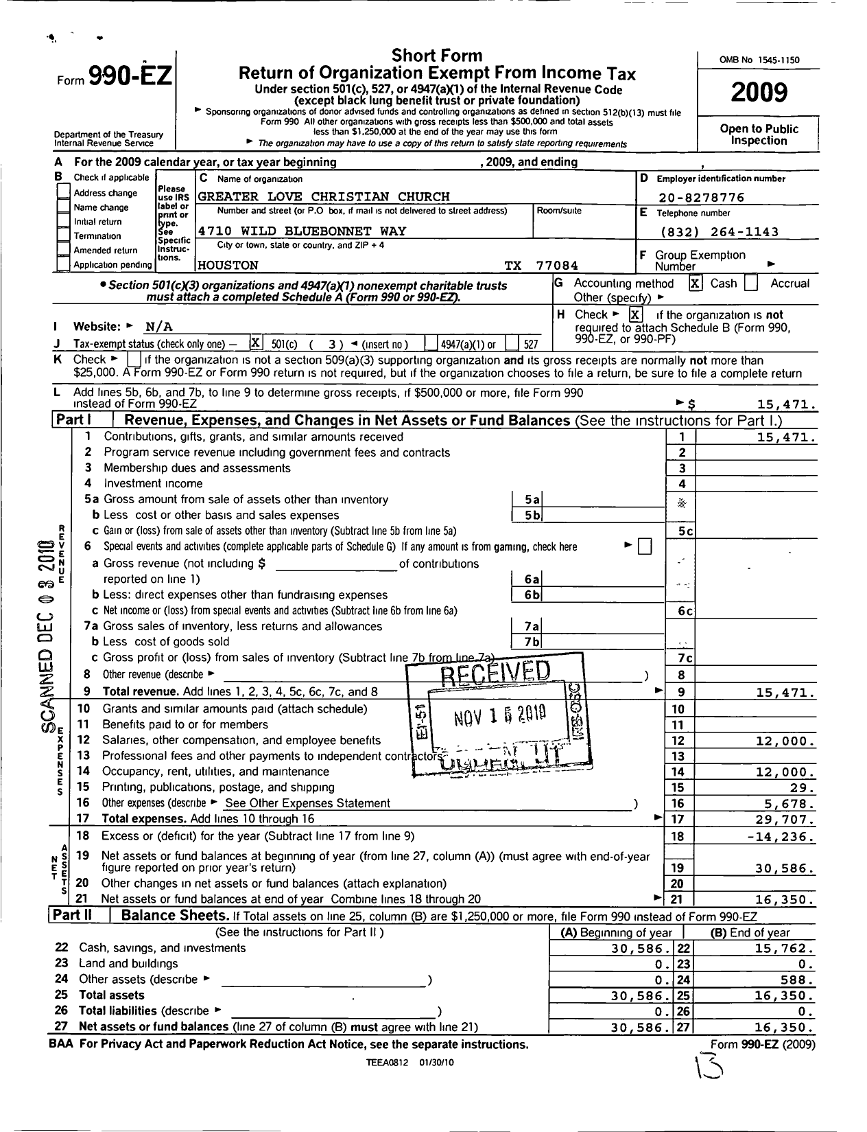 Image of first page of 2009 Form 990EZ for Greater Love Christian Church