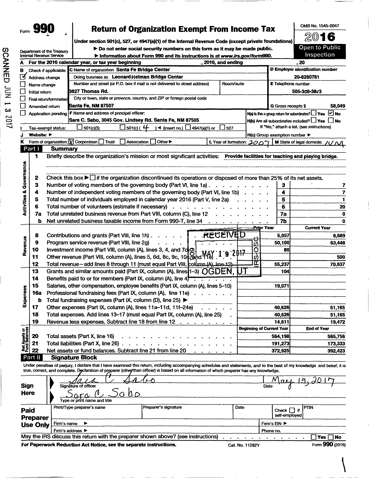 Image of first page of 2016 Form 990O for Santa Fe Bridge Center