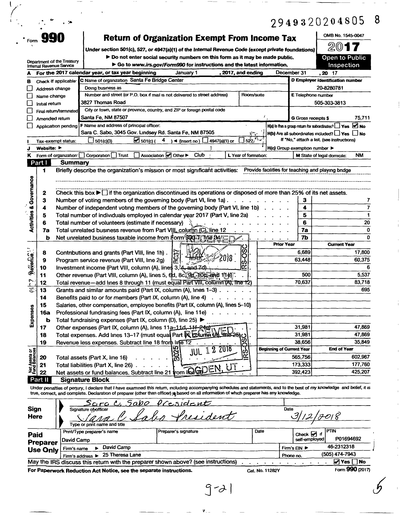 Image of first page of 2017 Form 990O for Santa Fe Bridge Center