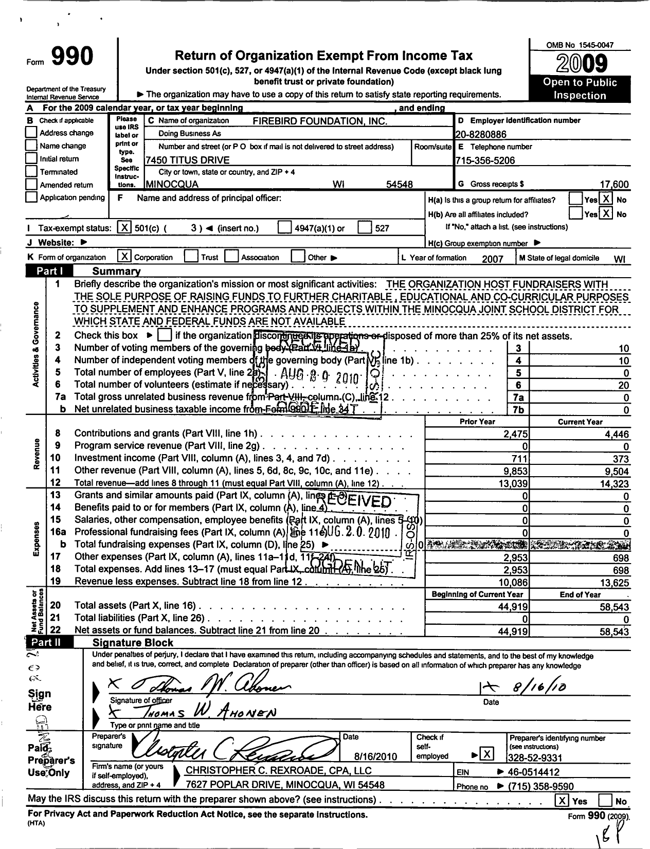 Image of first page of 2009 Form 990 for Firebird Foundation