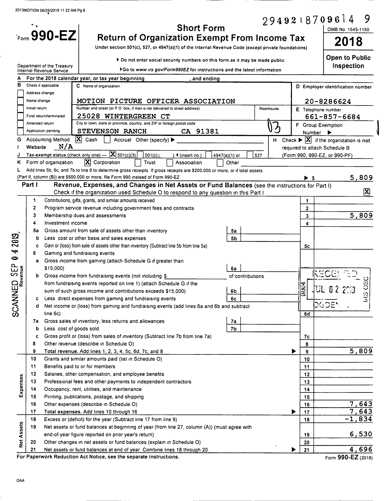 Image of first page of 2018 Form 990EZ for Motion Picture Officer Association