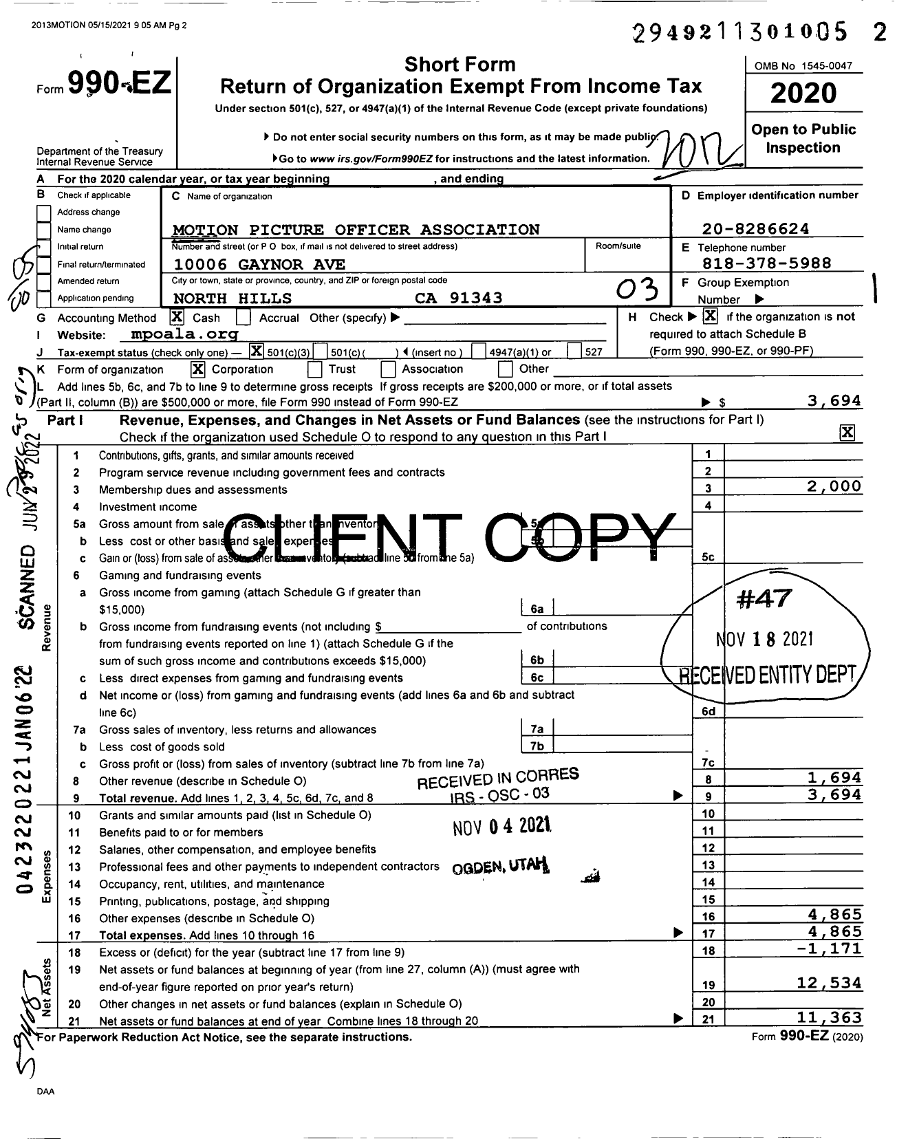 Image of first page of 2020 Form 990EO for Motion Picture Officer Association