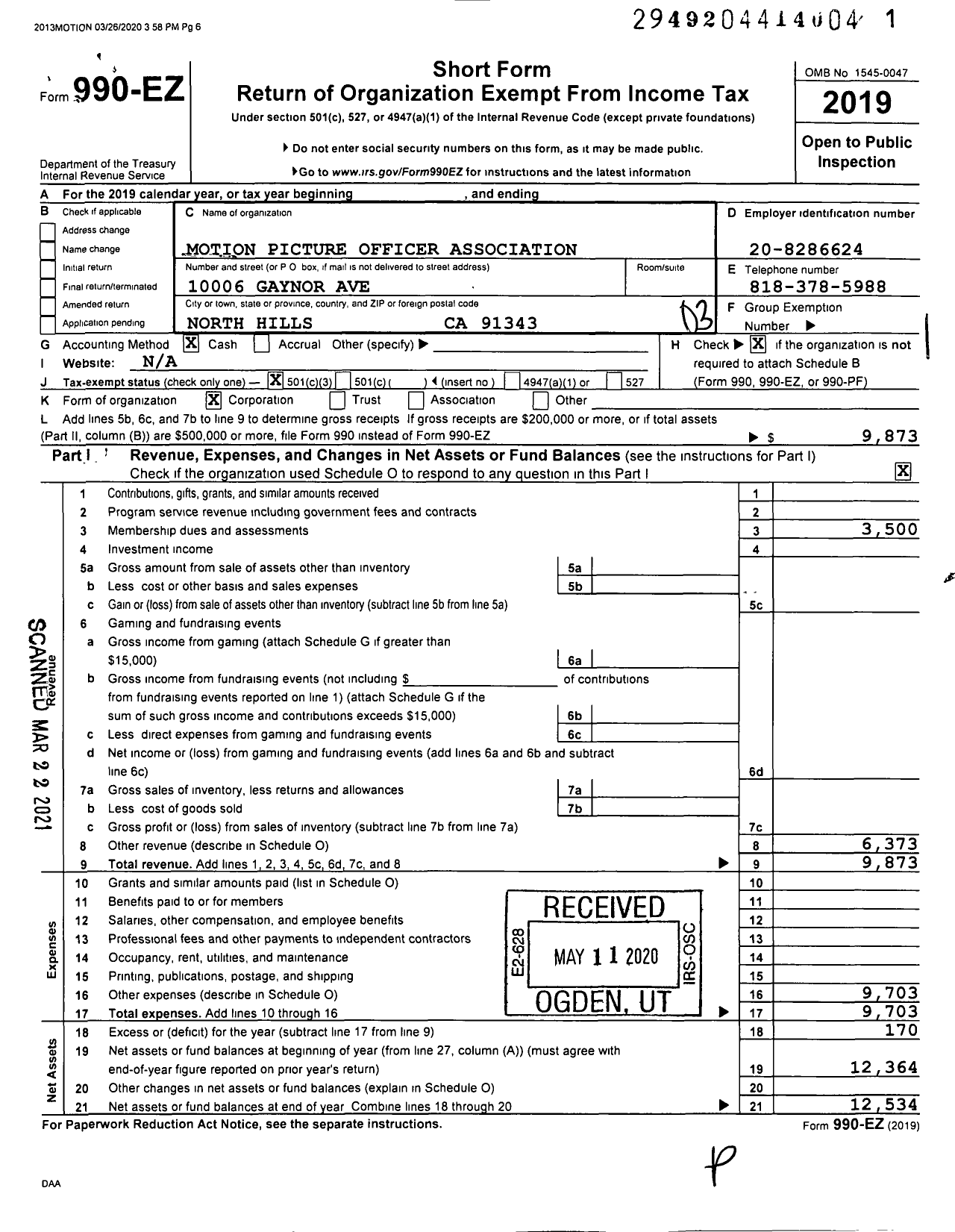 Image of first page of 2019 Form 990EZ for Motion Picture Officer Association