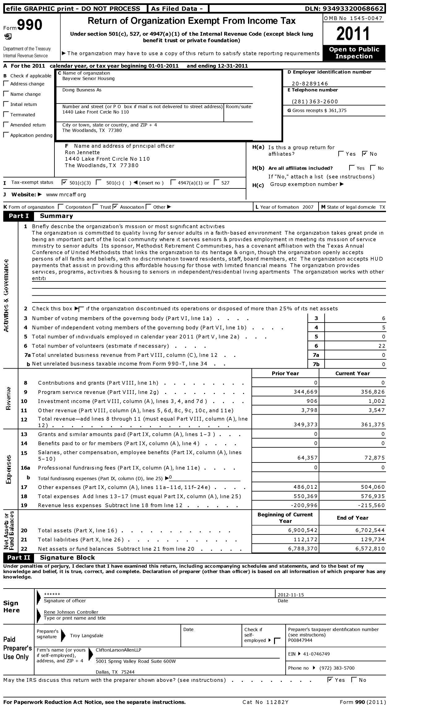 Image of first page of 2011 Form 990 for Bayview Senior Housing