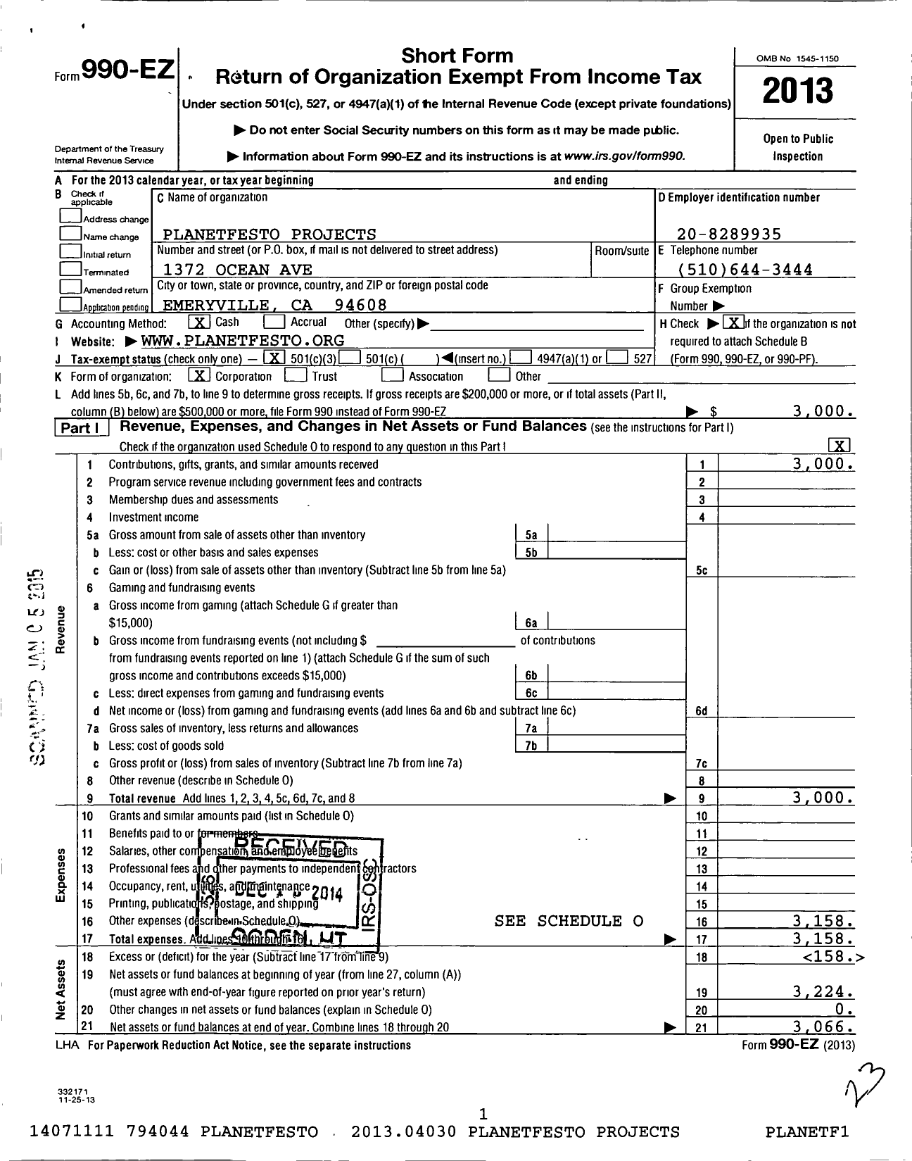 Image of first page of 2013 Form 990EZ for Planetfesto Projects