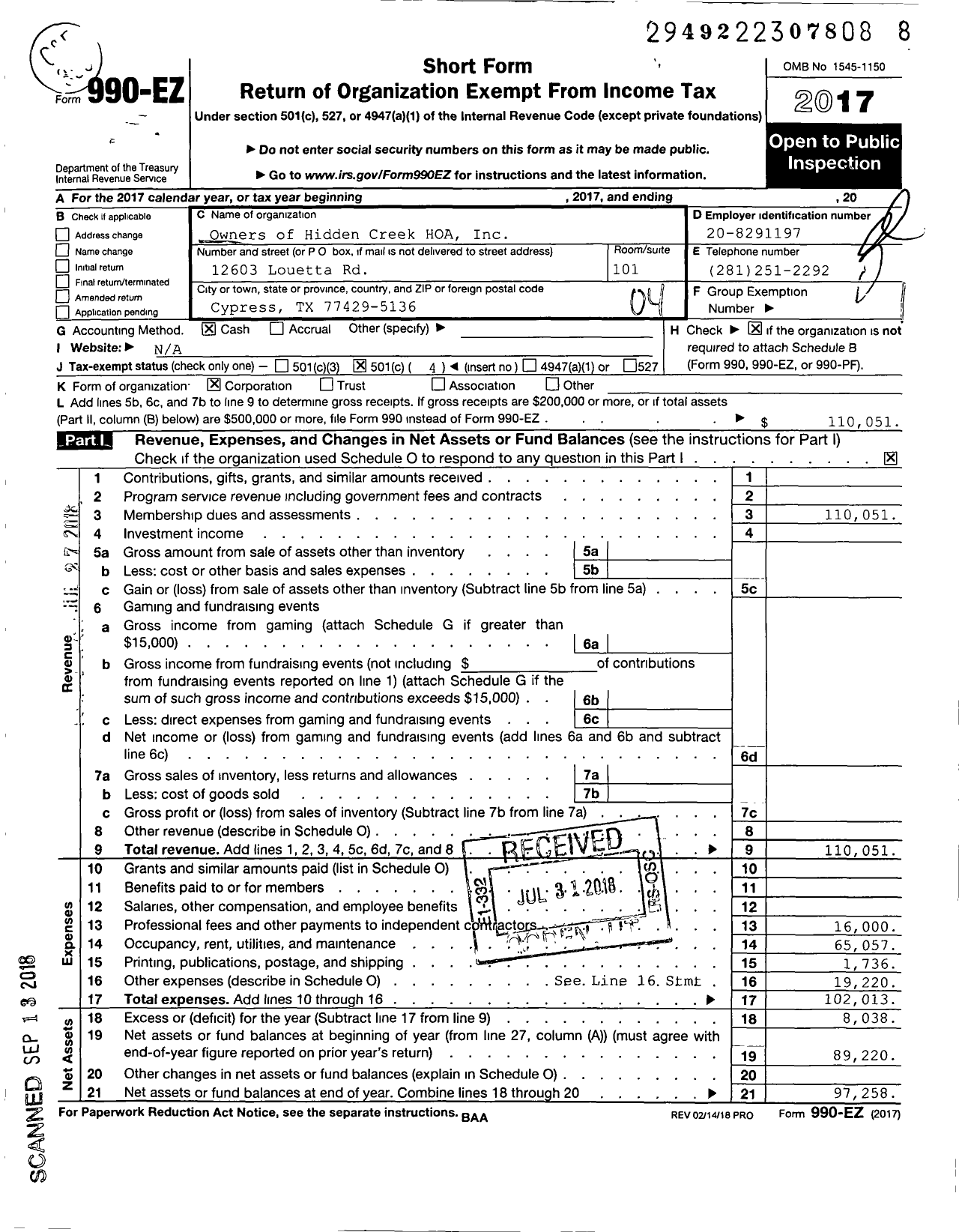 Image of first page of 2017 Form 990EO for Owners of Hidden Creek HOA